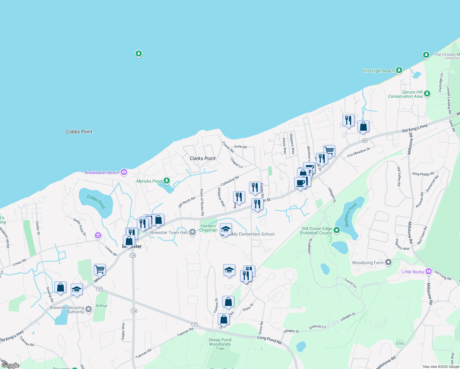 map of restaurants, bars, coffee shops, grocery stores, and more near 110 Mates Way in Brewster