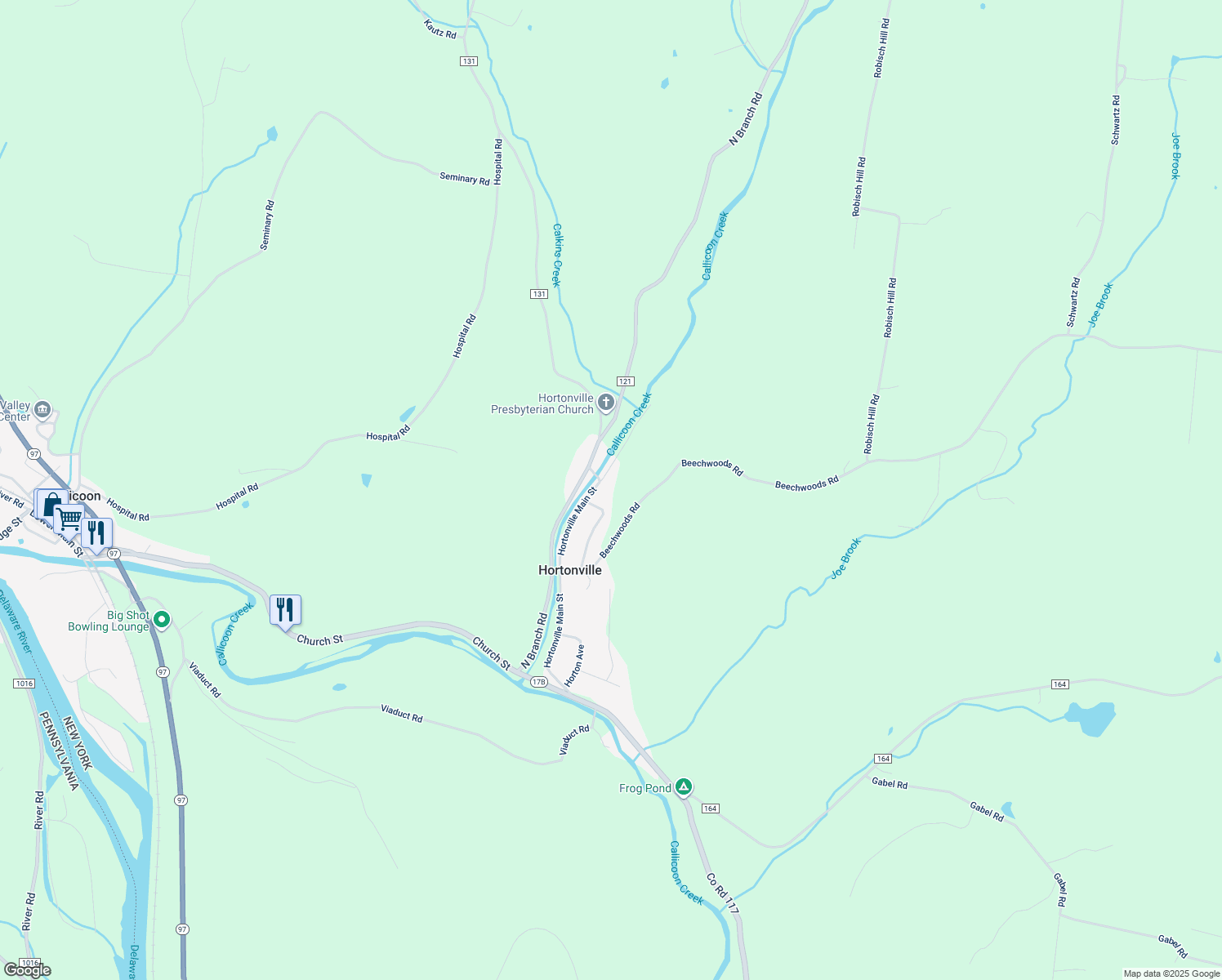 map of restaurants, bars, coffee shops, grocery stores, and more near 124 Hortonville Main Street in Callicoon