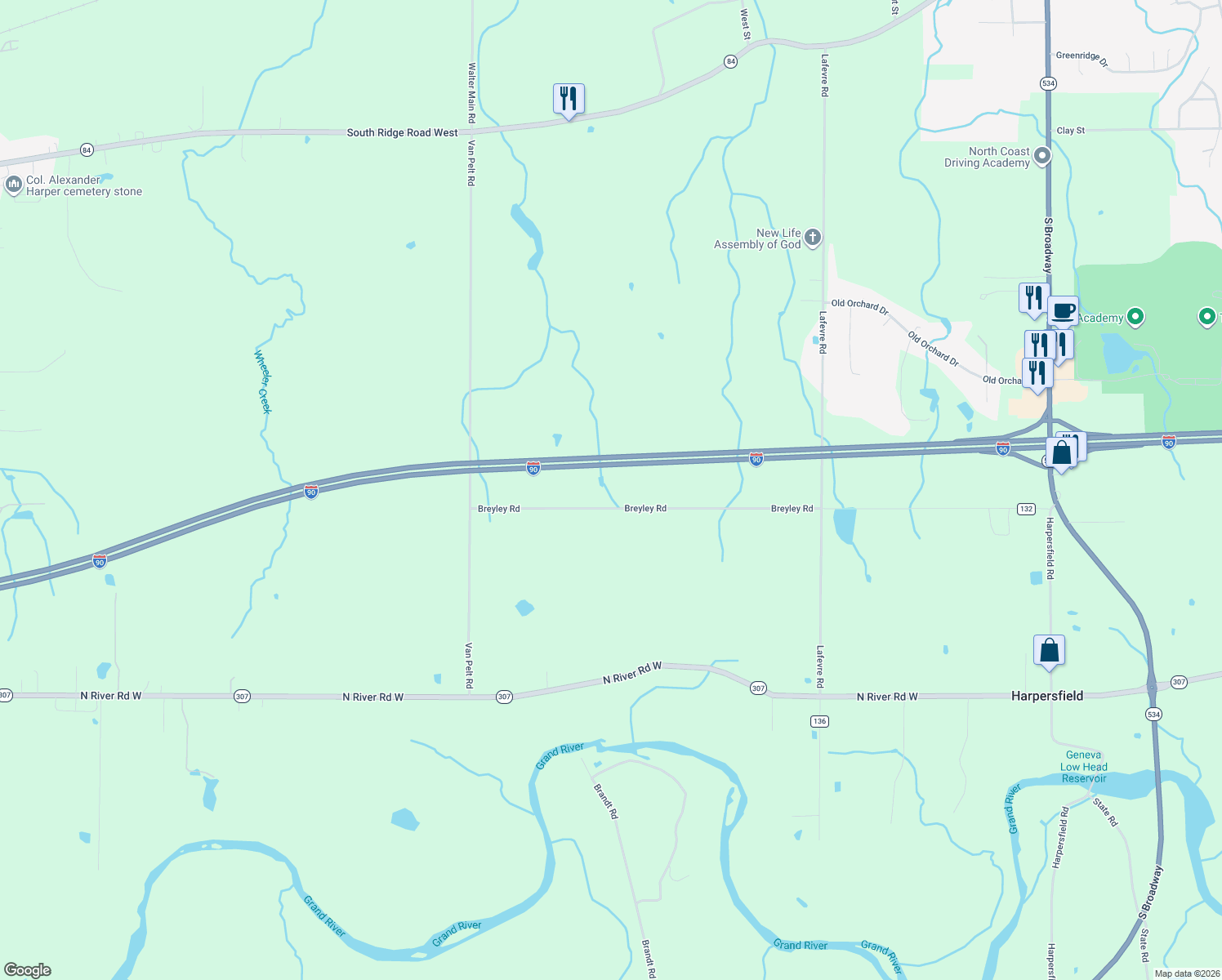 map of restaurants, bars, coffee shops, grocery stores, and more near 5933 Bishop Road in Geneva