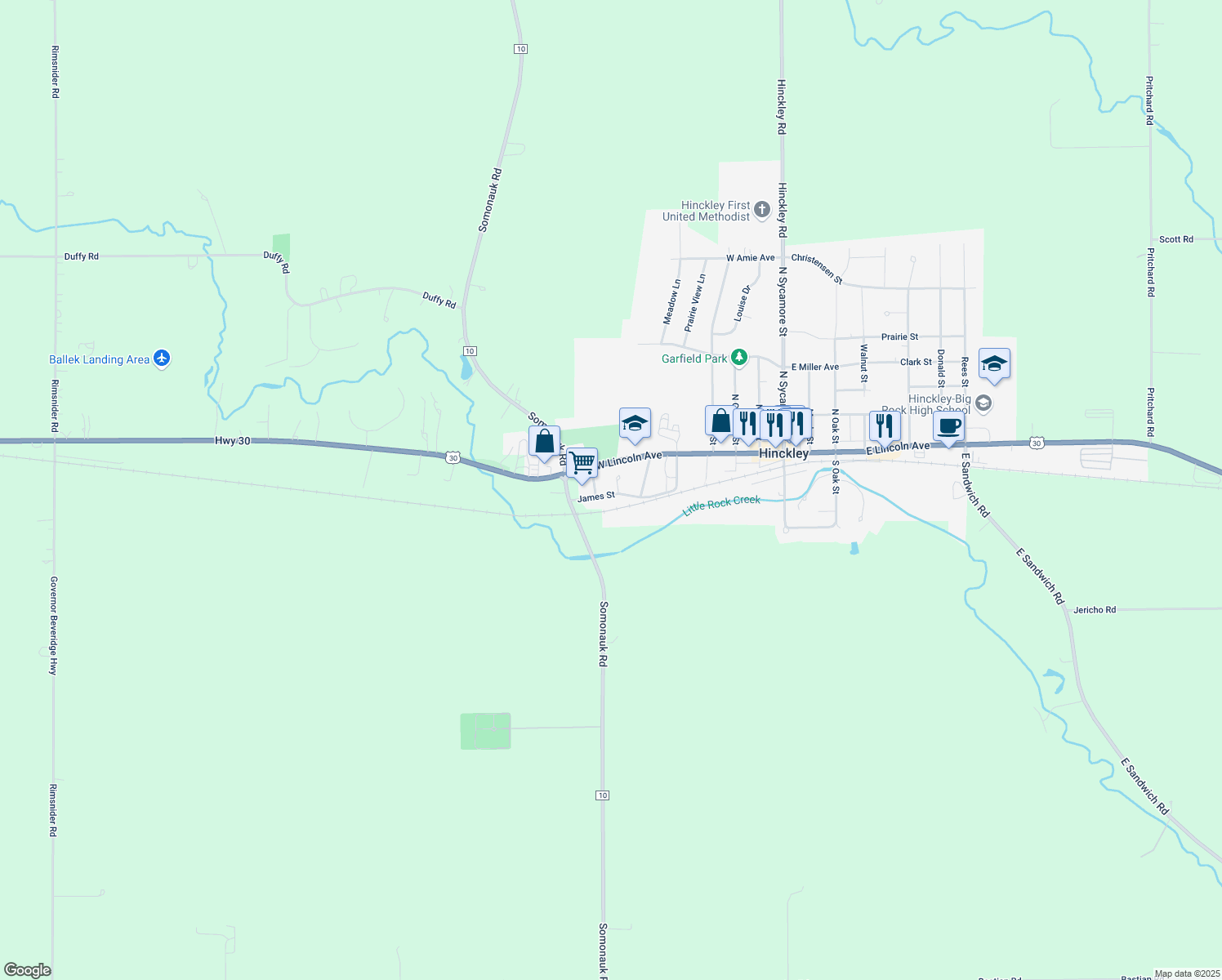 map of restaurants, bars, coffee shops, grocery stores, and more near 121 Park Court in Hinckley