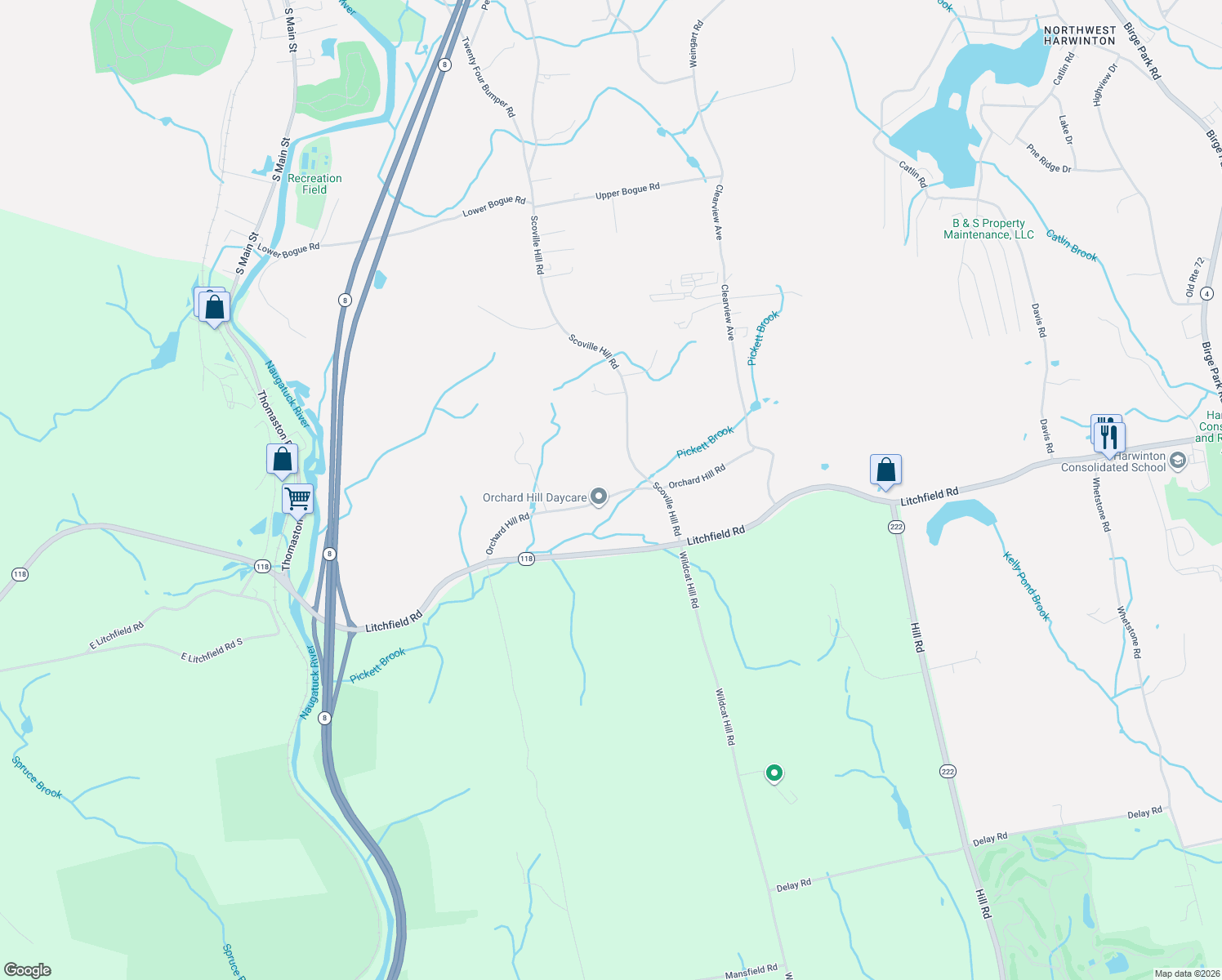 map of restaurants, bars, coffee shops, grocery stores, and more near 98 Orchard Hill Road in Harwinton