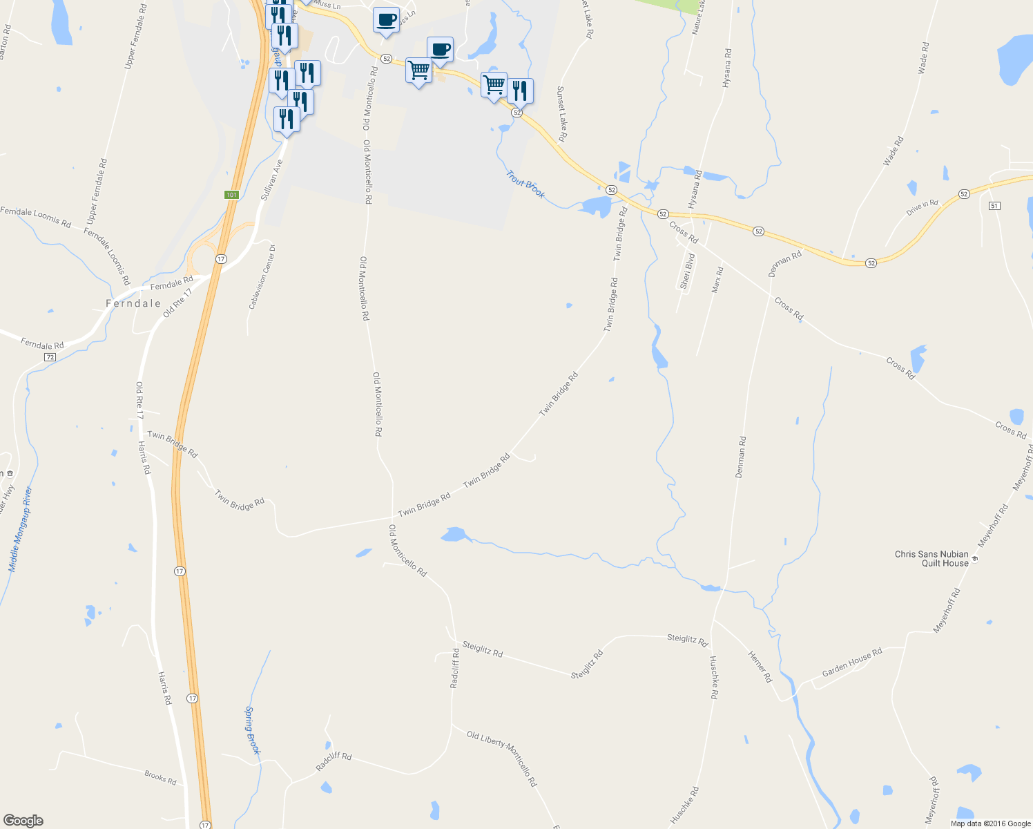 map of restaurants, bars, coffee shops, grocery stores, and more near 166 Twin Bridge Road in Liberty