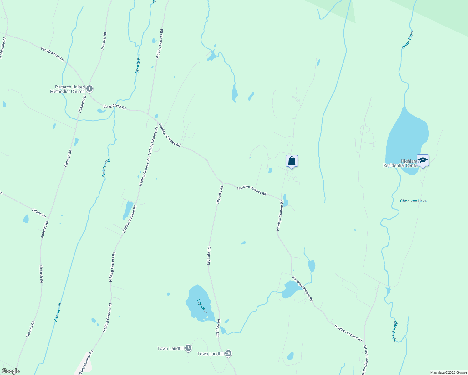 map of restaurants, bars, coffee shops, grocery stores, and more near 109 Hawleys Corners Road in Highland