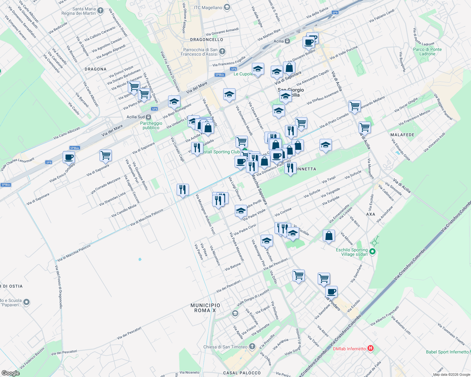 map of restaurants, bars, coffee shops, grocery stores, and more near 43 Via Luigi Olivares in Città metropolitana di Roma Capitale
