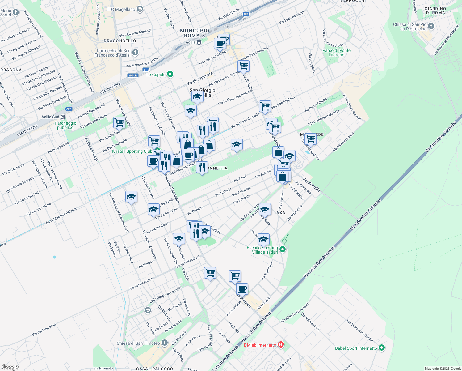map of restaurants, bars, coffee shops, grocery stores, and more near 122 Via Tespi in Città metropolitana di Roma Capitale