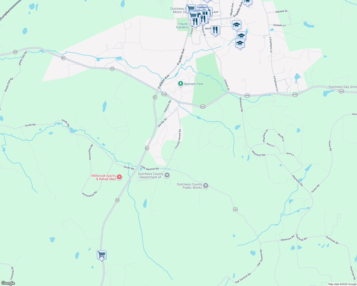 map of restaurants, bars, coffee shops, grocery stores, and more near 56 County House Road in Millbrook