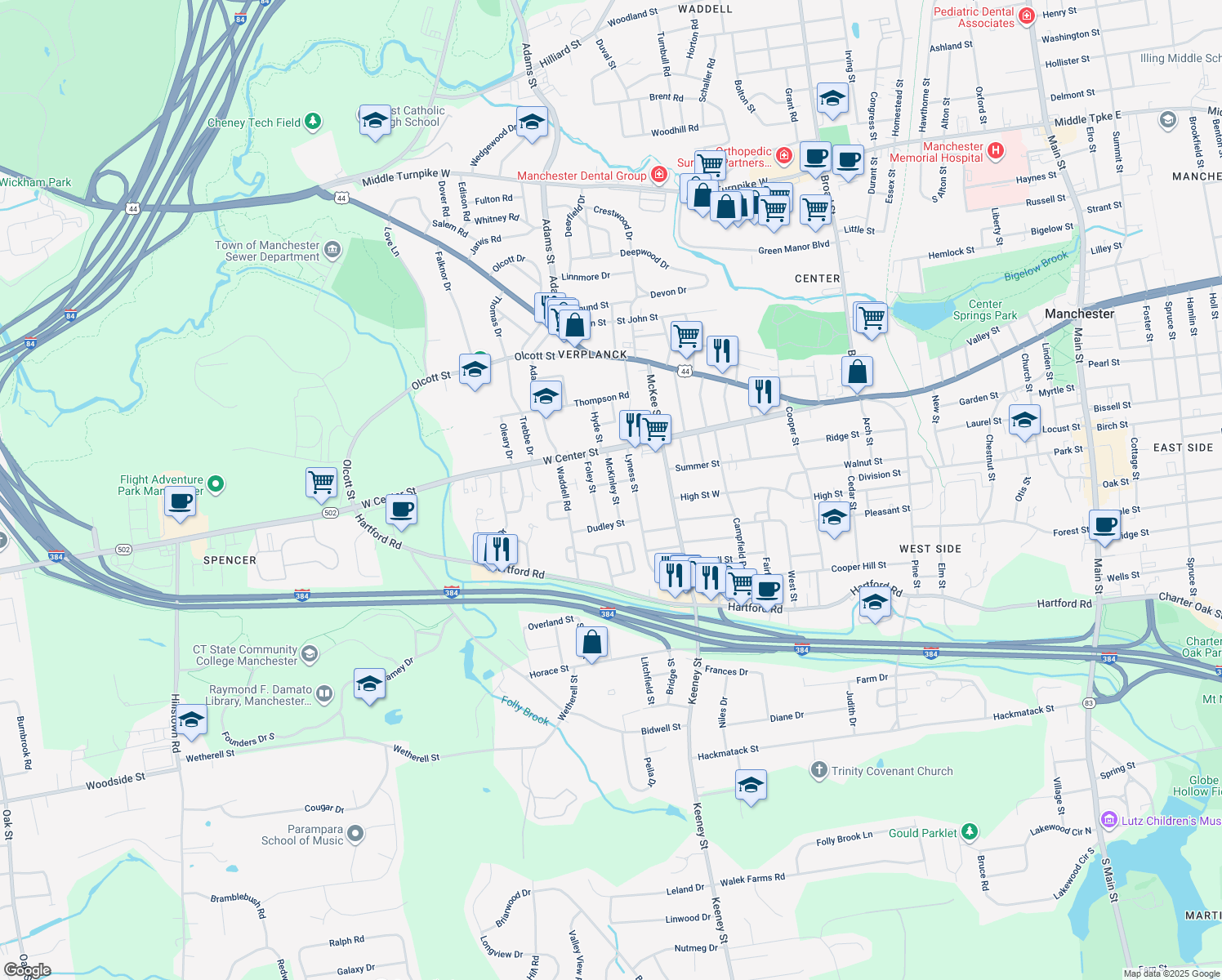 map of restaurants, bars, coffee shops, grocery stores, and more near 44 McKinley Street in Manchester