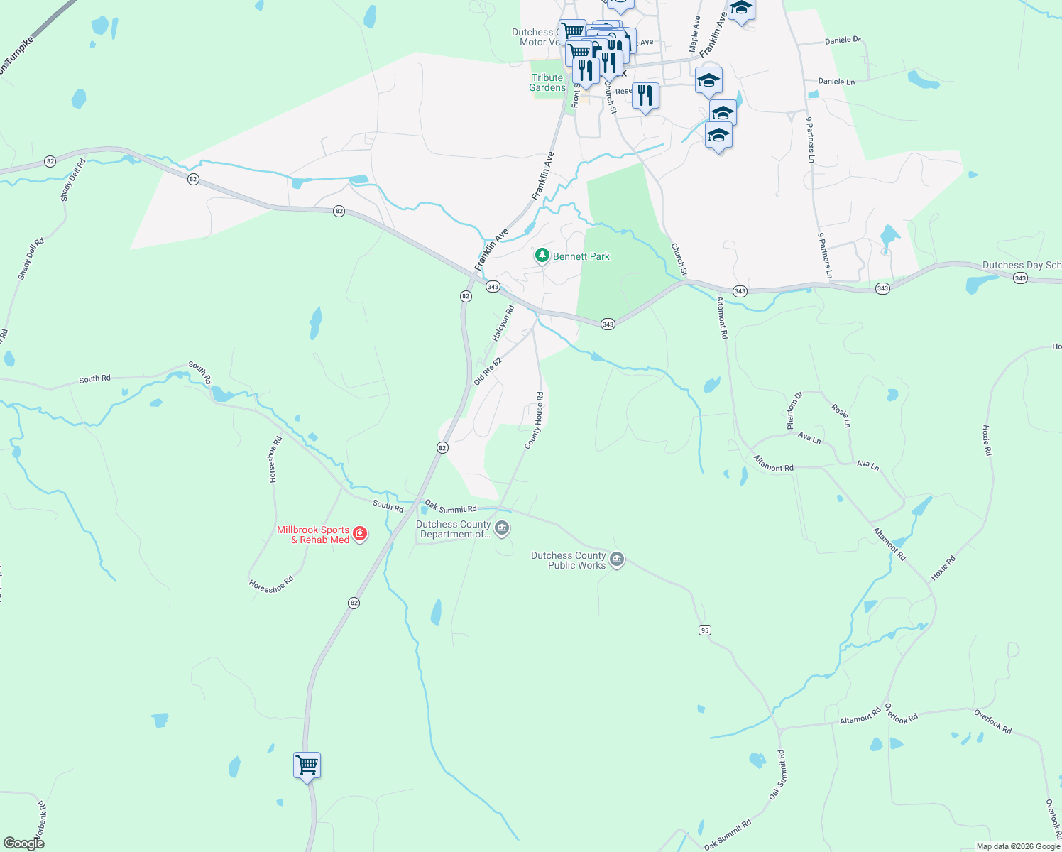 map of restaurants, bars, coffee shops, grocery stores, and more near 56 County House Road in Millbrook