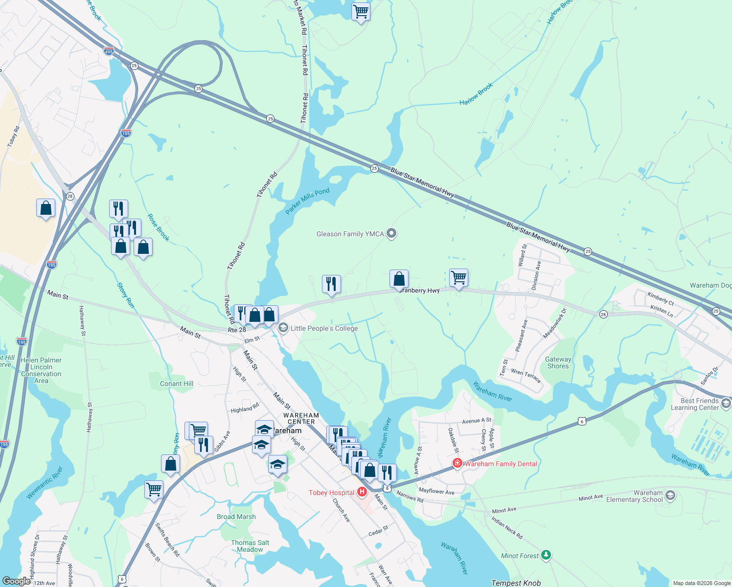 map of restaurants, bars, coffee shops, grocery stores, and more near 4 Cabral Way in Wareham