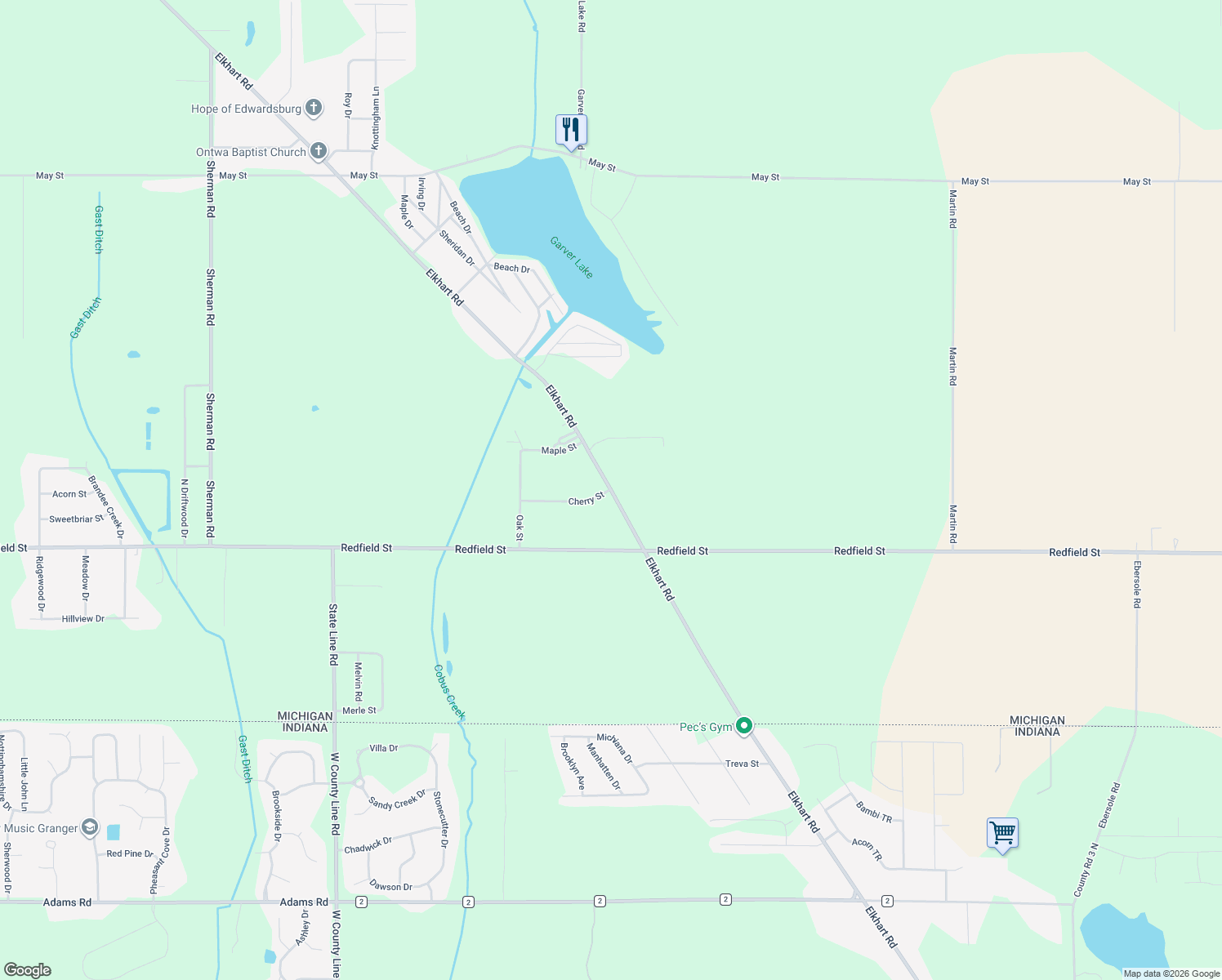 map of restaurants, bars, coffee shops, grocery stores, and more near 70862 Elkhart Road in Edwardsburg