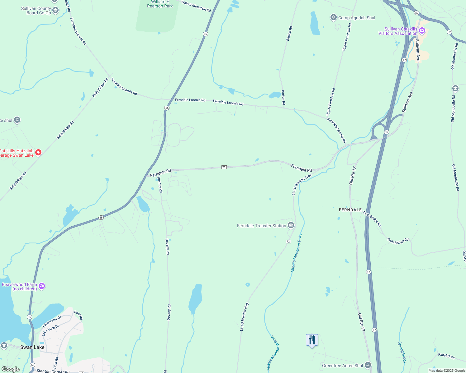 map of restaurants, bars, coffee shops, grocery stores, and more near 233 Ferndale Road in Sullivan County