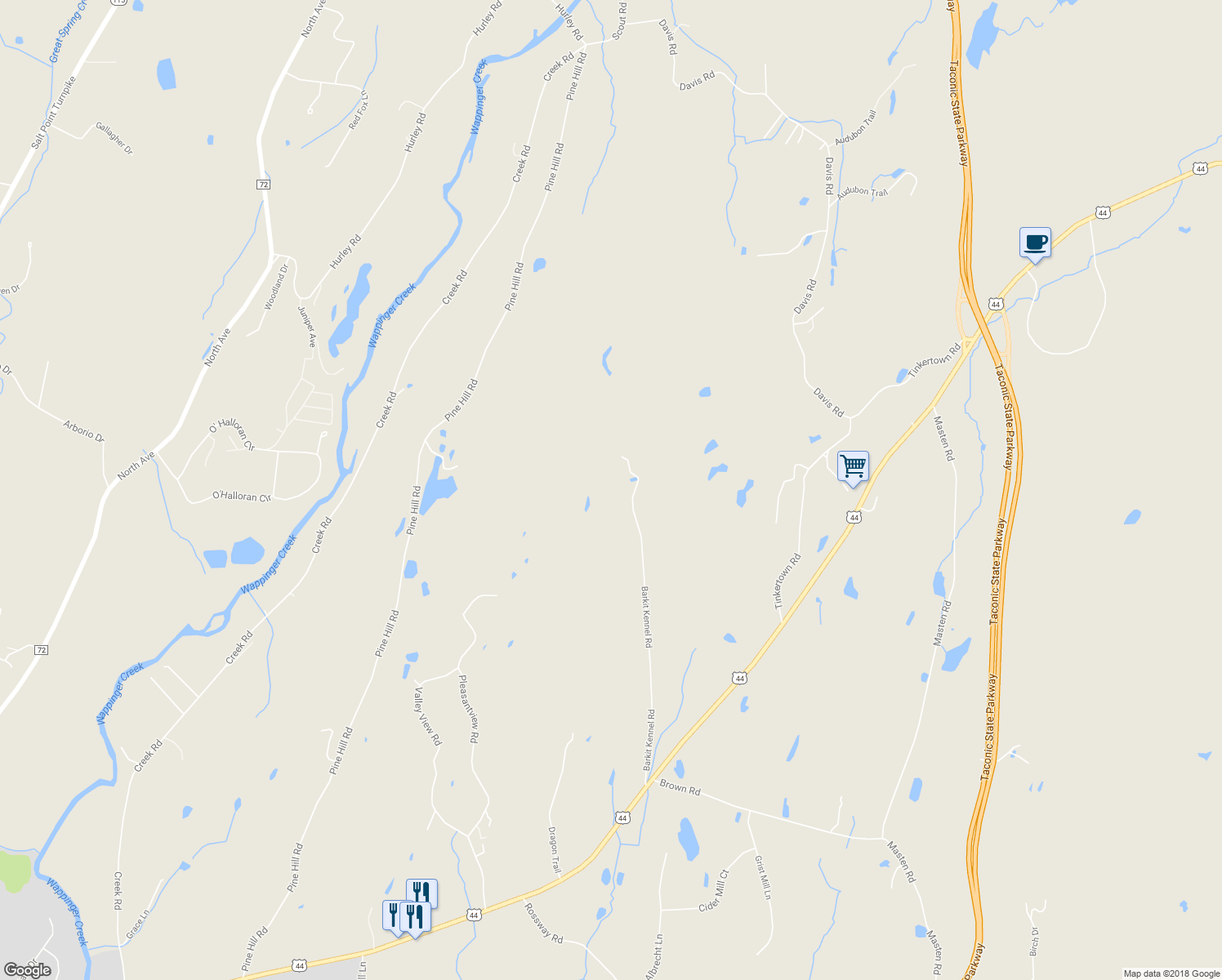 map of restaurants, bars, coffee shops, grocery stores, and more near 163 Barkit Kennel Road in Pleasant Valley