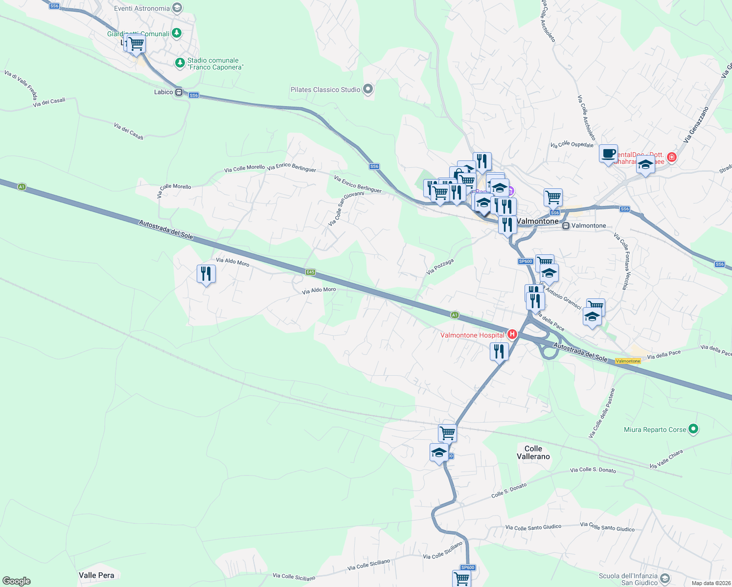 map of restaurants, bars, coffee shops, grocery stores, and more near 62 Via Aldo Moro in Valmontone