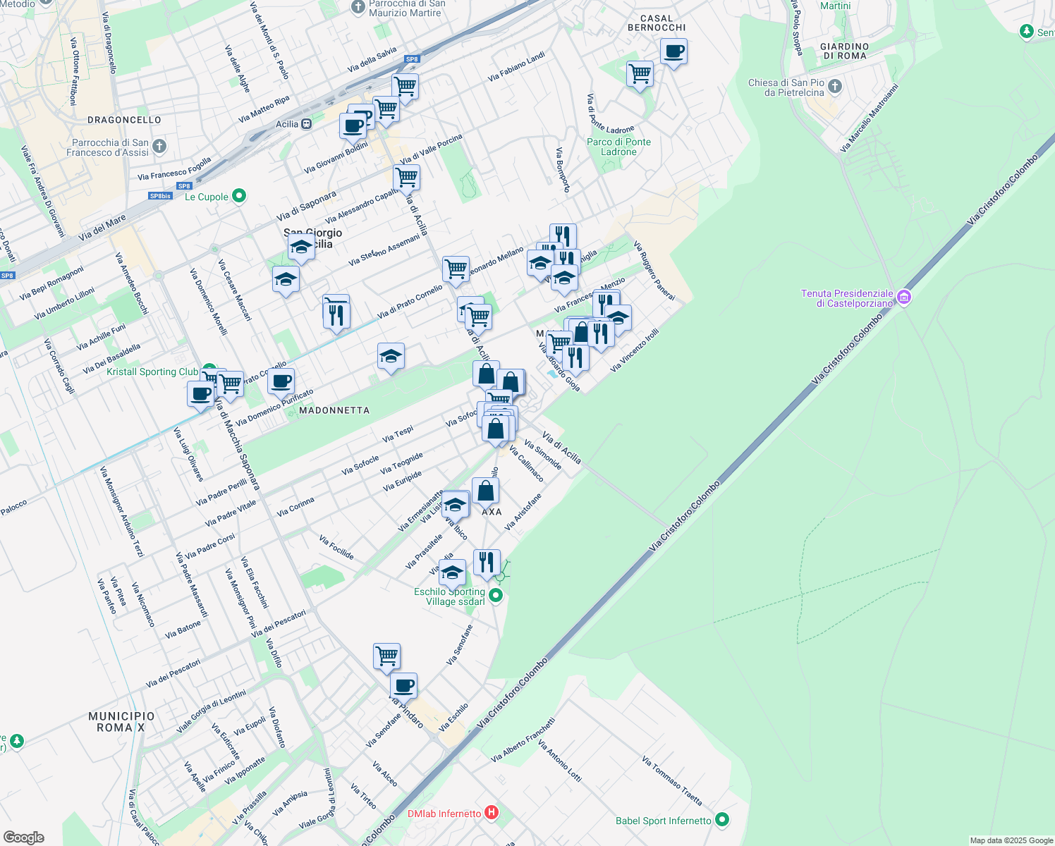 map of restaurants, bars, coffee shops, grocery stores, and more near in Città metropolitana di Roma Capitale