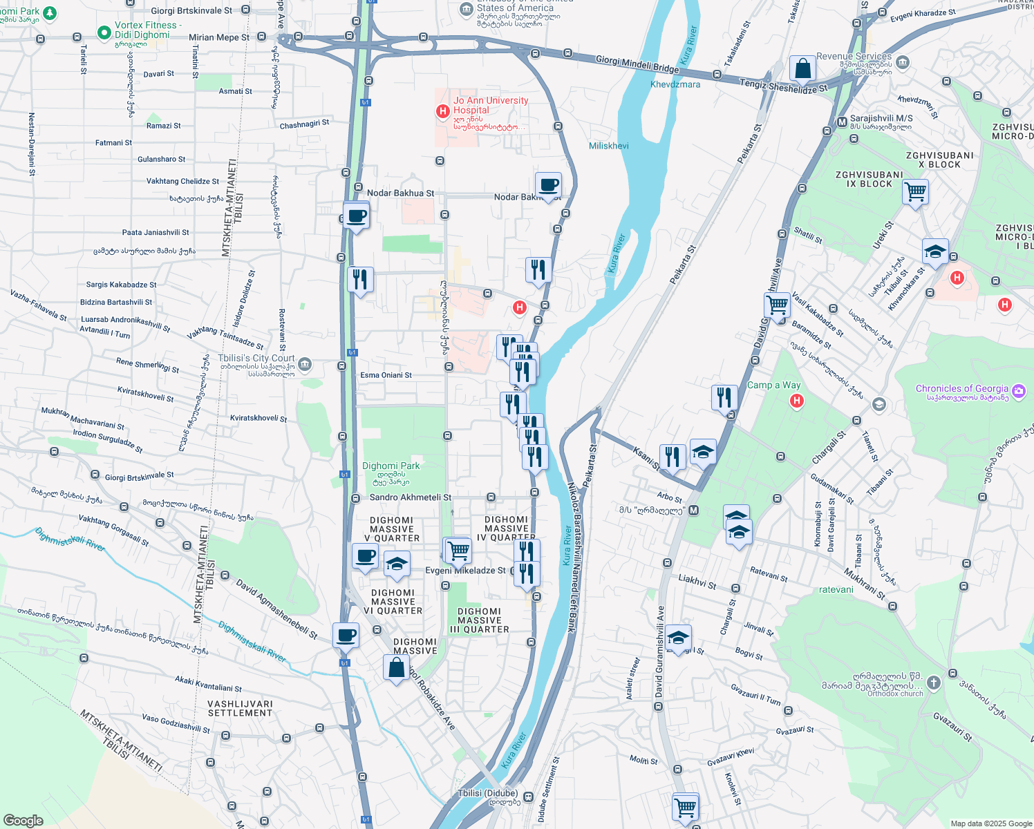 map of restaurants, bars, coffee shops, grocery stores, and more near Akaki Beliashvili Street in Tbilisi