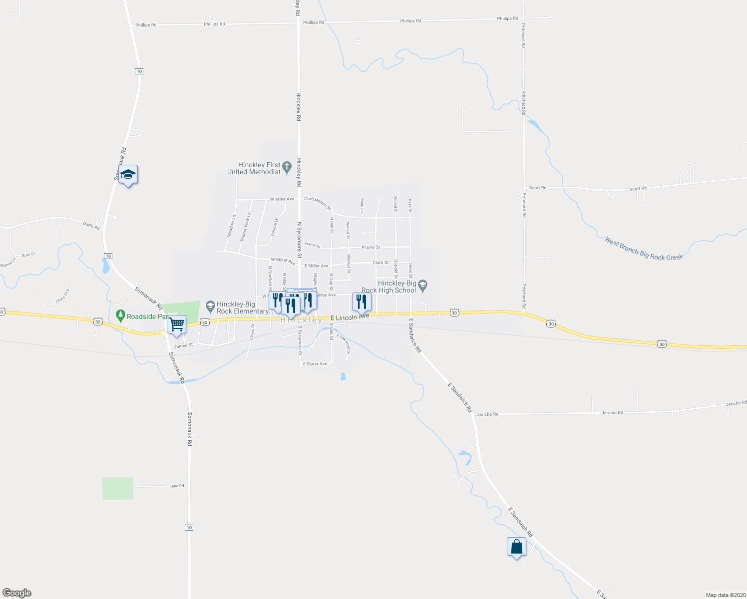 map of restaurants, bars, coffee shops, grocery stores, and more near 471 East McKinley Avenue in Hinckley