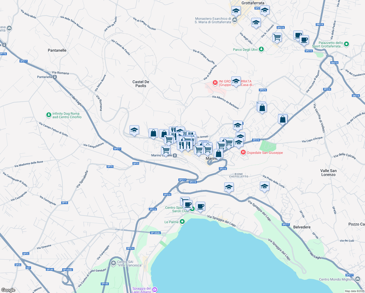 map of restaurants, bars, coffee shops, grocery stores, and more near 30 Viale Giuseppe Mazzini in Marino