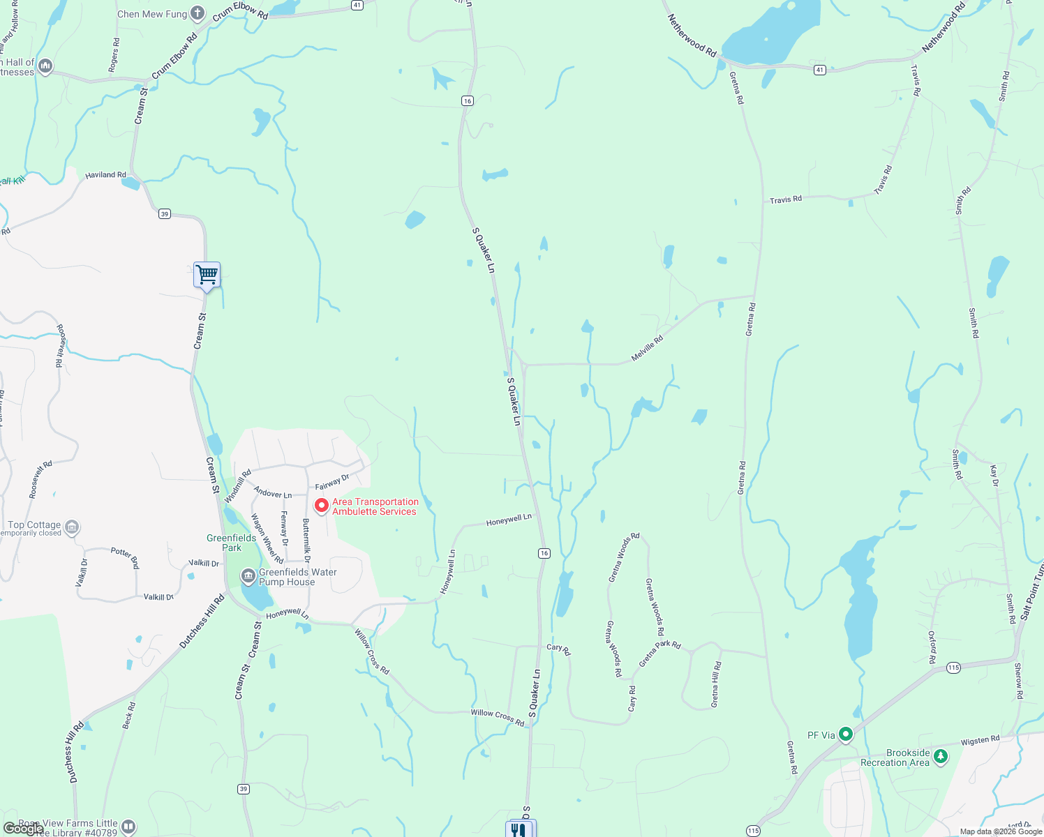 map of restaurants, bars, coffee shops, grocery stores, and more near 134 Old Quaker Lane in Hyde Park