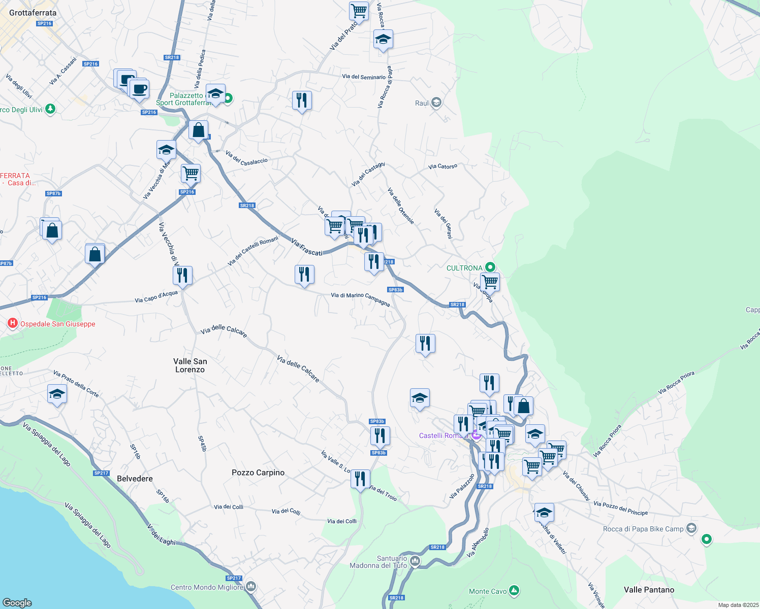 map of restaurants, bars, coffee shops, grocery stores, and more near 5 Via di Marino Campagna in Rocca di Papa