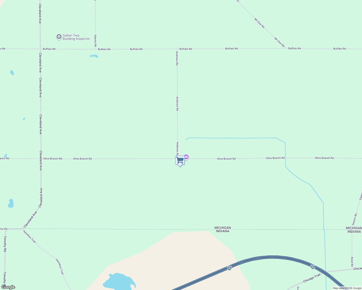 map of restaurants, bars, coffee shops, grocery stores, and more near 885 Olive Branch Road in Galien