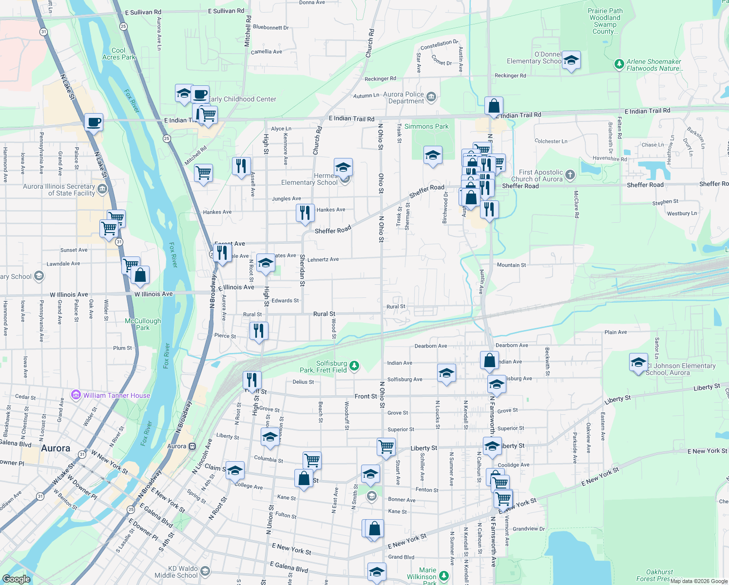 map of restaurants, bars, coffee shops, grocery stores, and more near 964 Edwards Street in Aurora