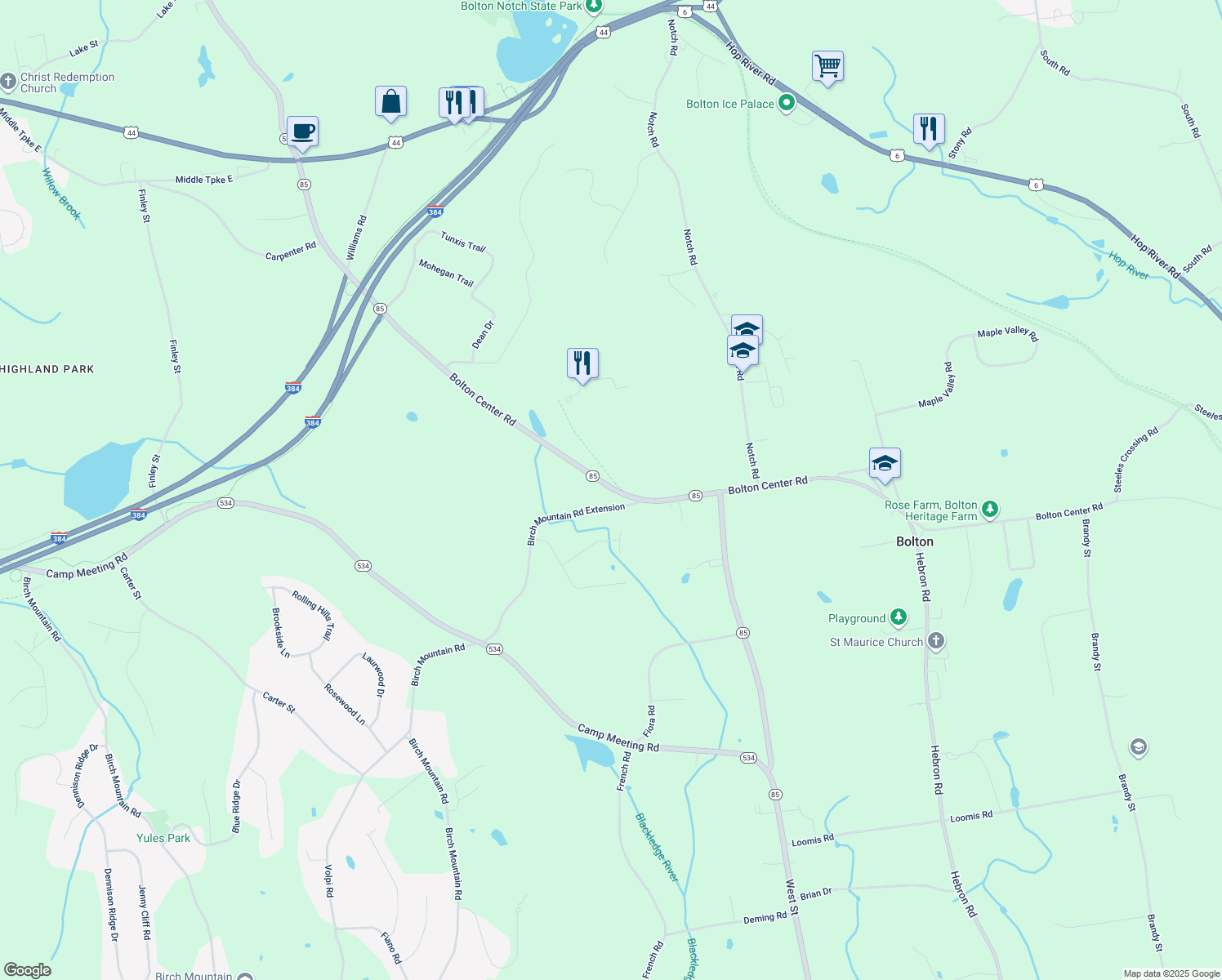 map of restaurants, bars, coffee shops, grocery stores, and more near 129 Bolton Center Road in Bolton