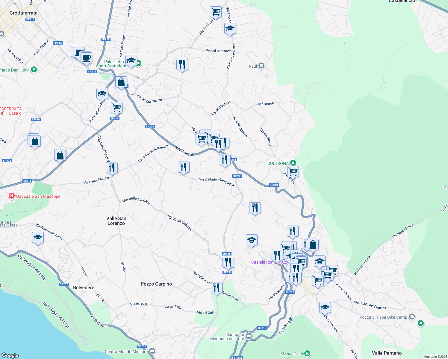 map of restaurants, bars, coffee shops, grocery stores, and more near 5 Via di Marino Campagna in Rocca di Papa