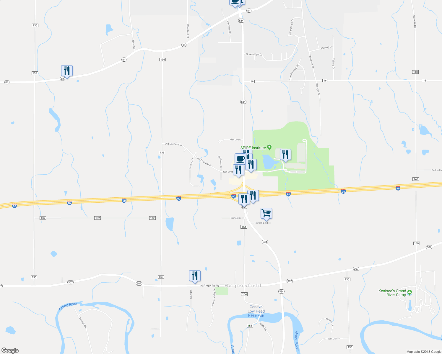 map of restaurants, bars, coffee shops, grocery stores, and more near 1701 Pamona Drive in Geneva