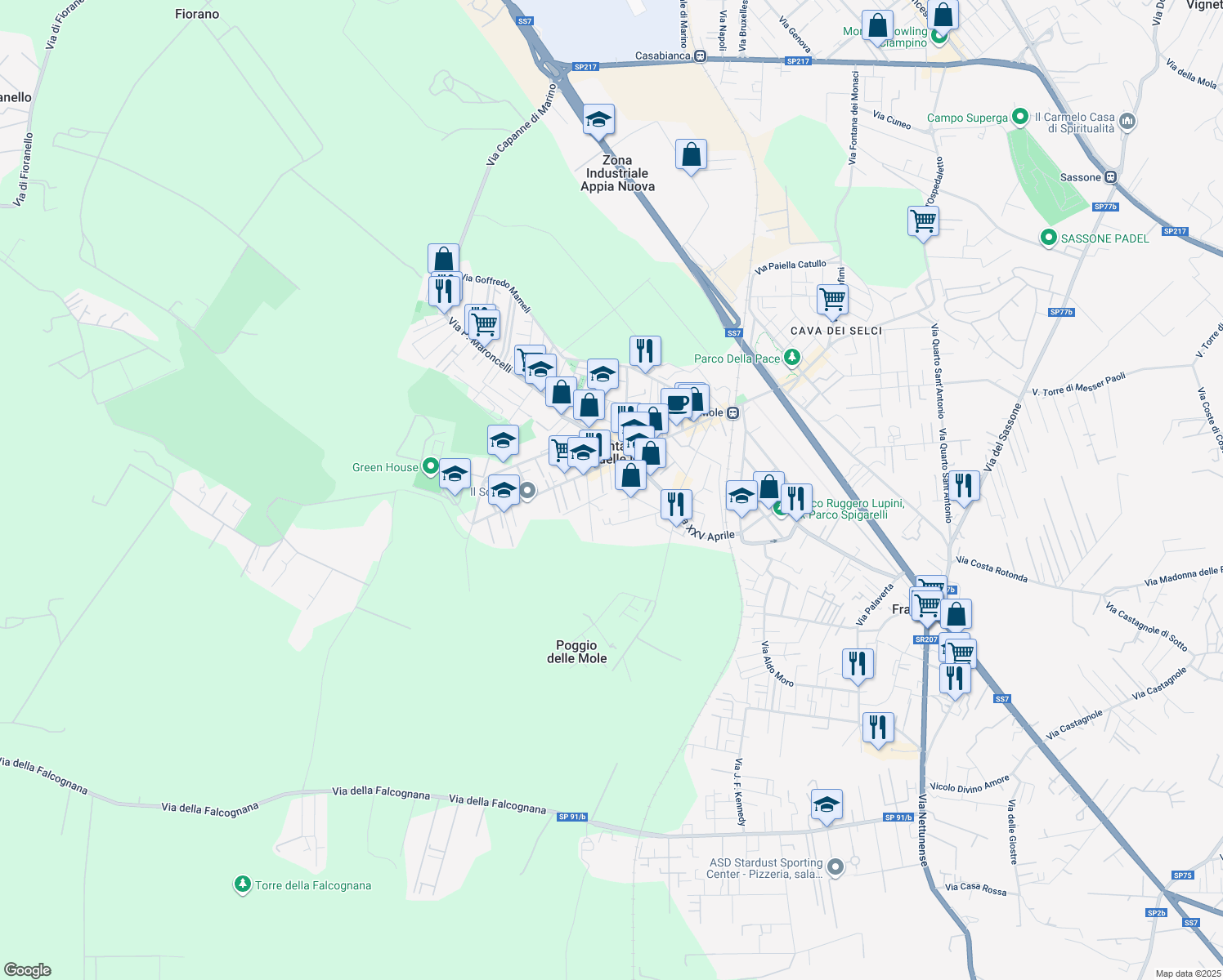 map of restaurants, bars, coffee shops, grocery stores, and more near 38 Via Pier Paolo Pasolini in Marino
