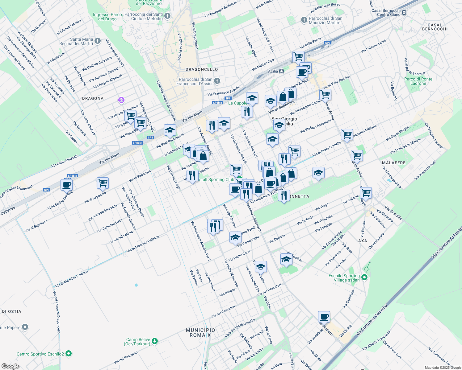 map of restaurants, bars, coffee shops, grocery stores, and more near Via Padre Natalino Sartor in Acilia-Castel Fusano-Ostia Antica