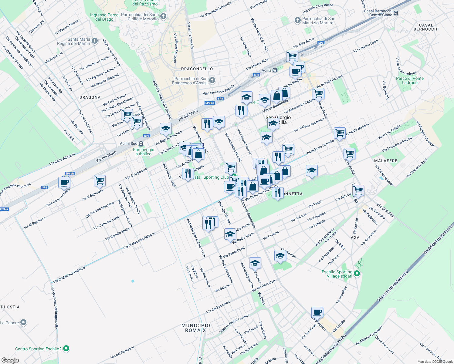map of restaurants, bars, coffee shops, grocery stores, and more near Via Padre Natalino Sartor in Acilia-Castel Fusano-Ostia Antica