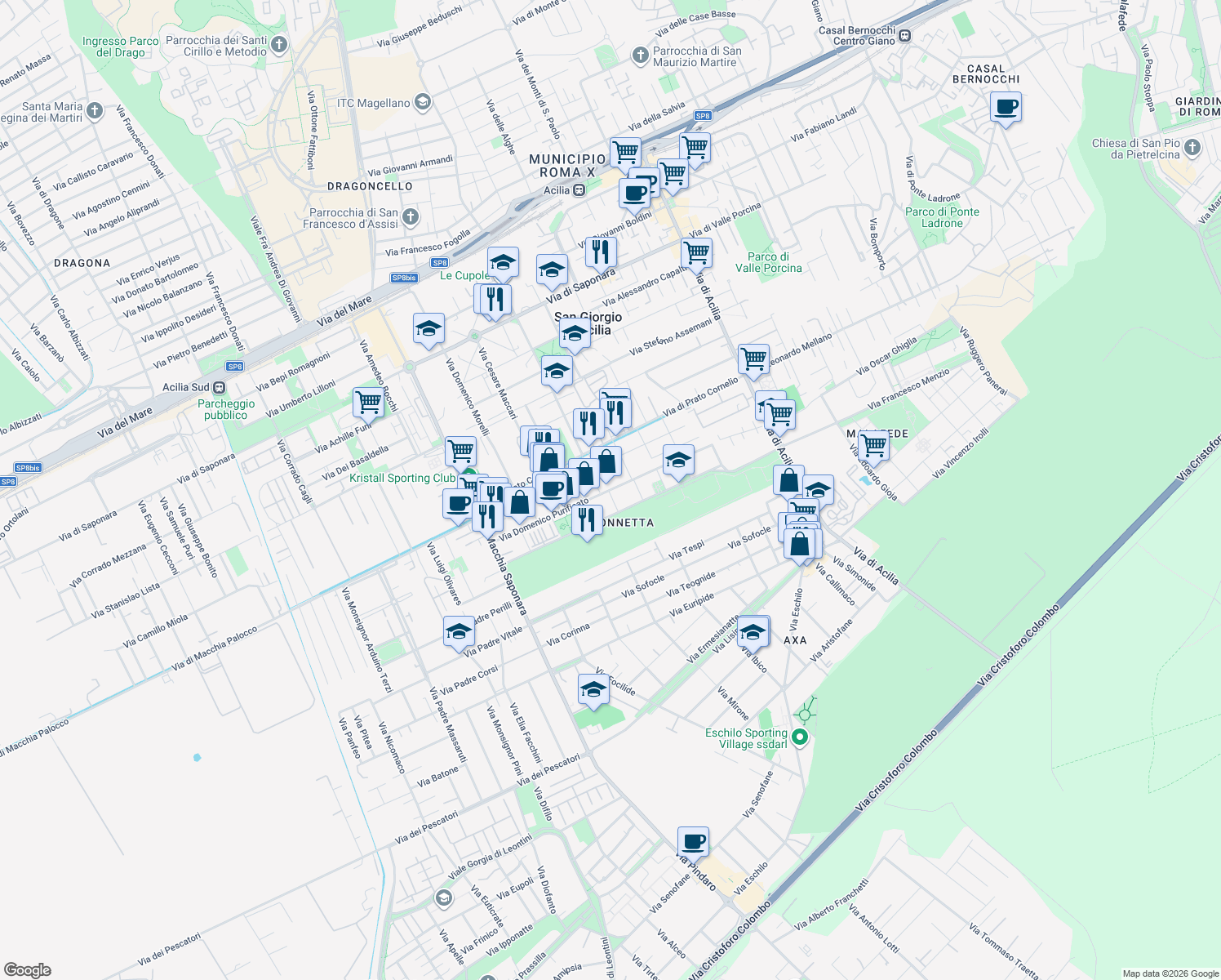map of restaurants, bars, coffee shops, grocery stores, and more near 265 Via Domenico Purificato in Città Metropolitana di Roma
