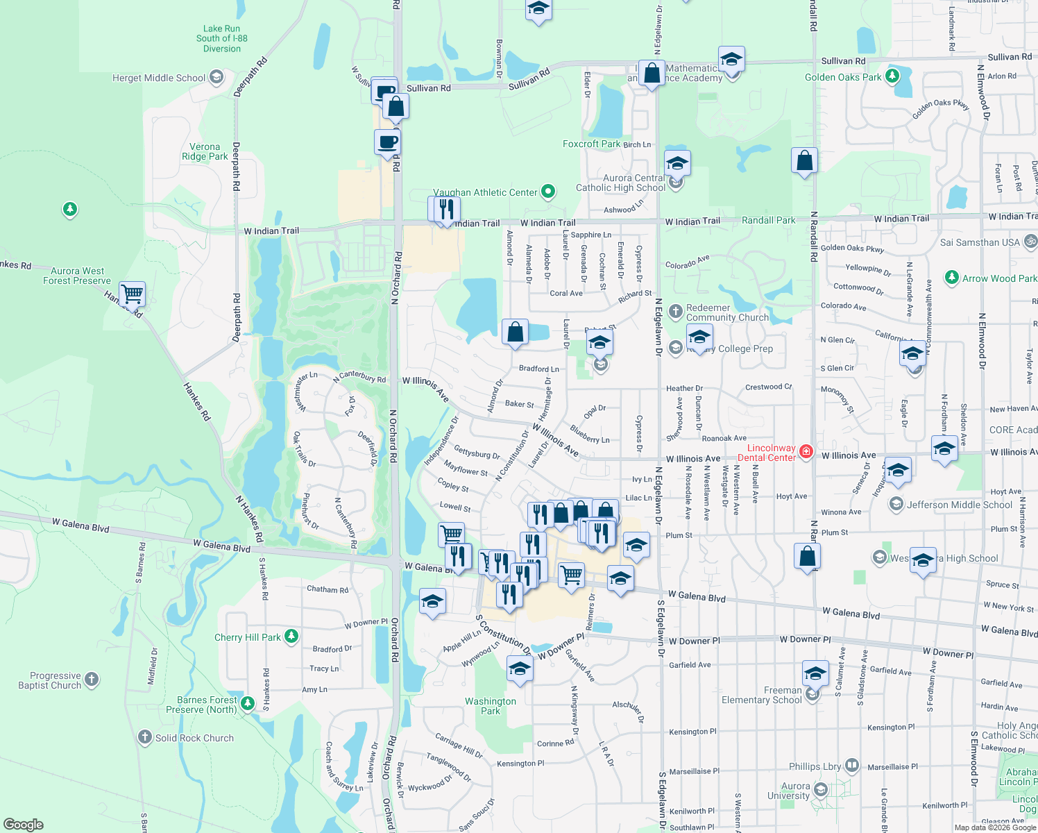 map of restaurants, bars, coffee shops, grocery stores, and more near 2161 W Illinois Ave in Aurora