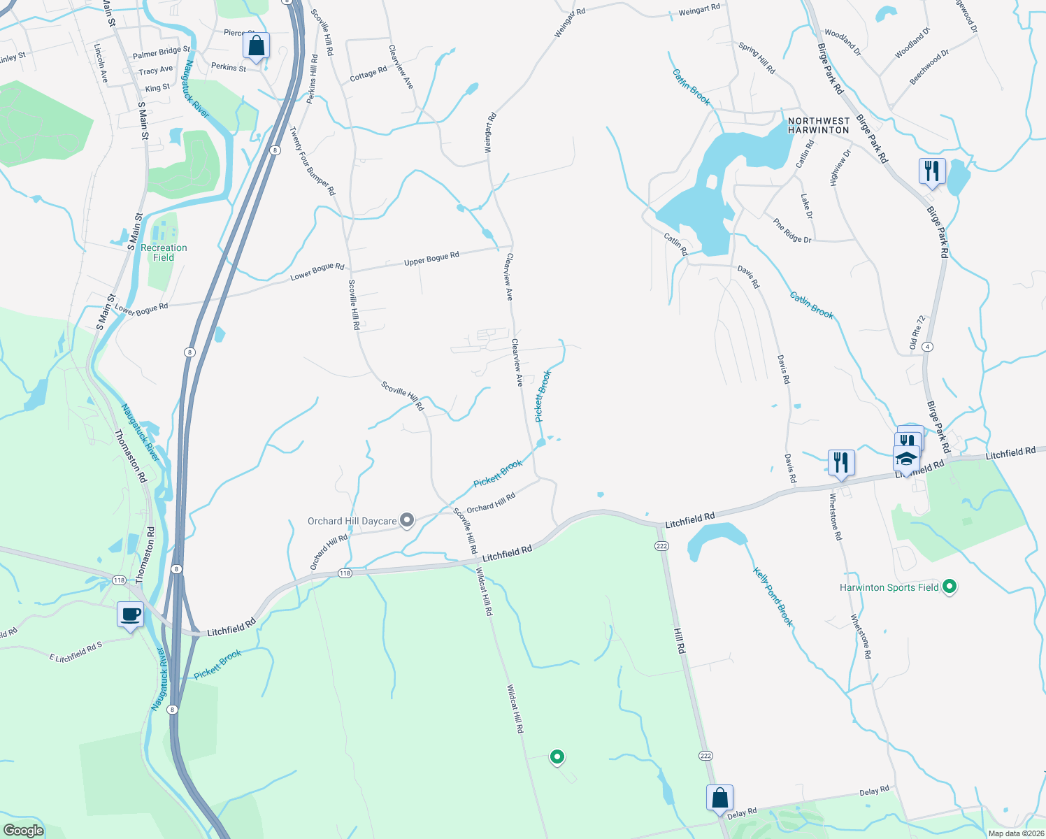 map of restaurants, bars, coffee shops, grocery stores, and more near 89 Clearview Avenue in Harwinton