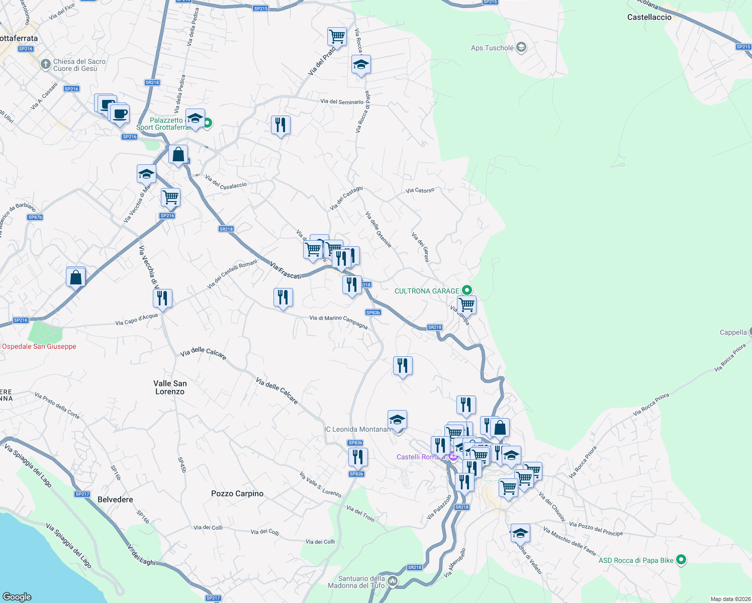 map of restaurants, bars, coffee shops, grocery stores, and more near Via delle Barozze in Rocca di Papa