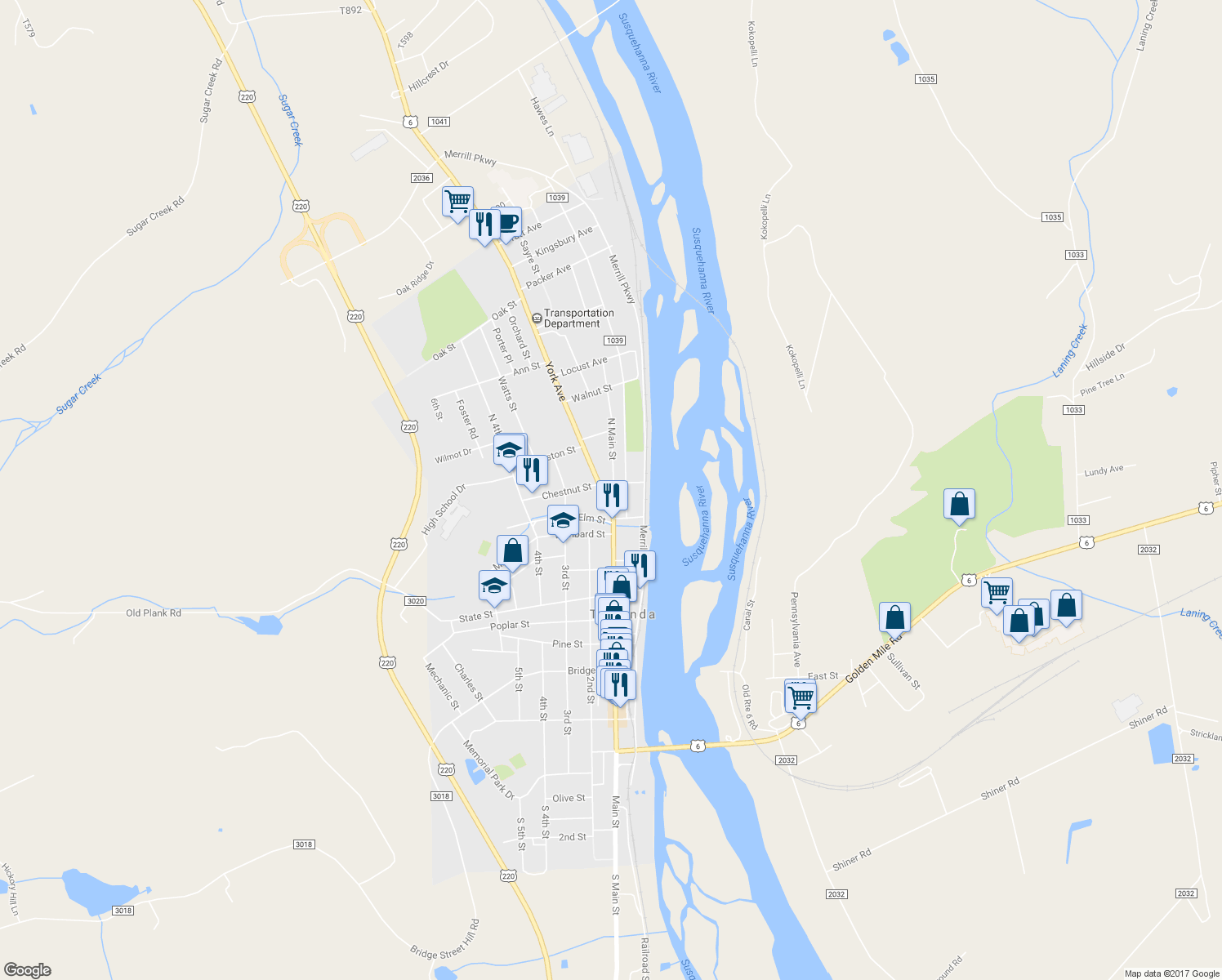 map of restaurants, bars, coffee shops, grocery stores, and more near 15 North Main Street in Towanda