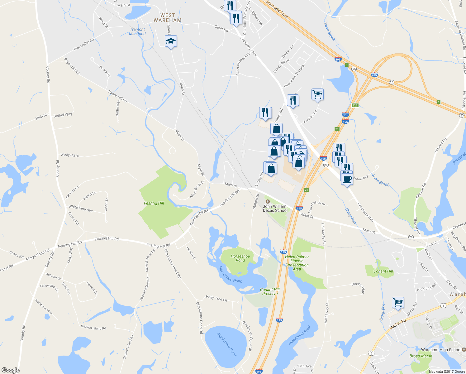 map of restaurants, bars, coffee shops, grocery stores, and more near 806 Main Street in Wareham