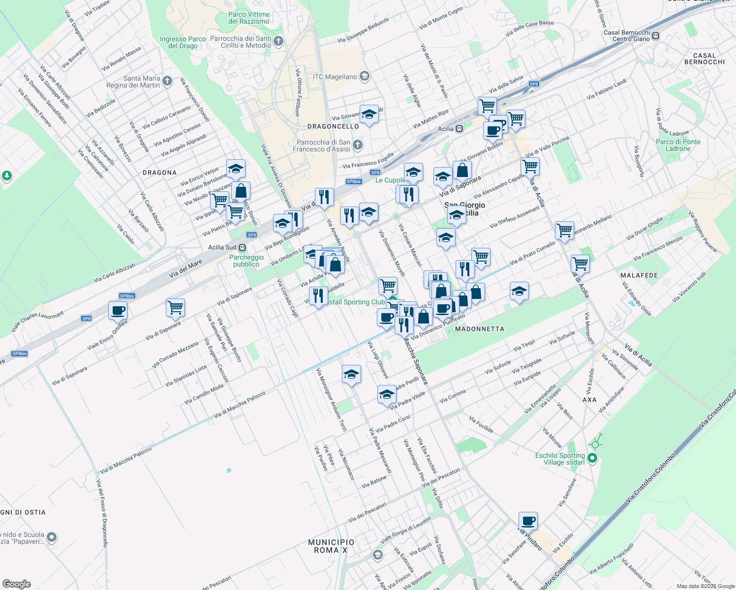 map of restaurants, bars, coffee shops, grocery stores, and more near 76 Via Amedeo Bocchi in Città Metropolitana di Roma