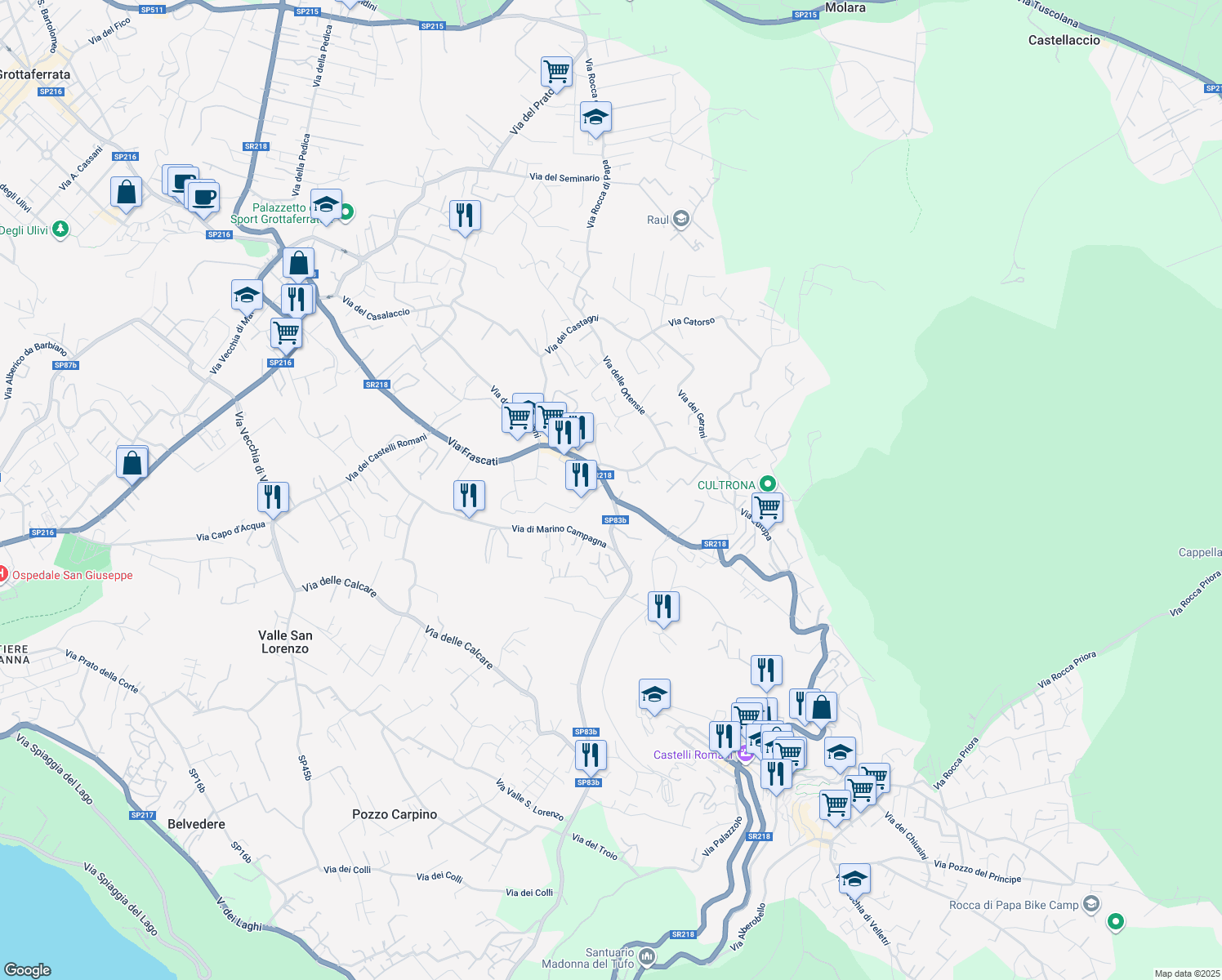 map of restaurants, bars, coffee shops, grocery stores, and more near 242 Via Frascati in Rocca di Papa