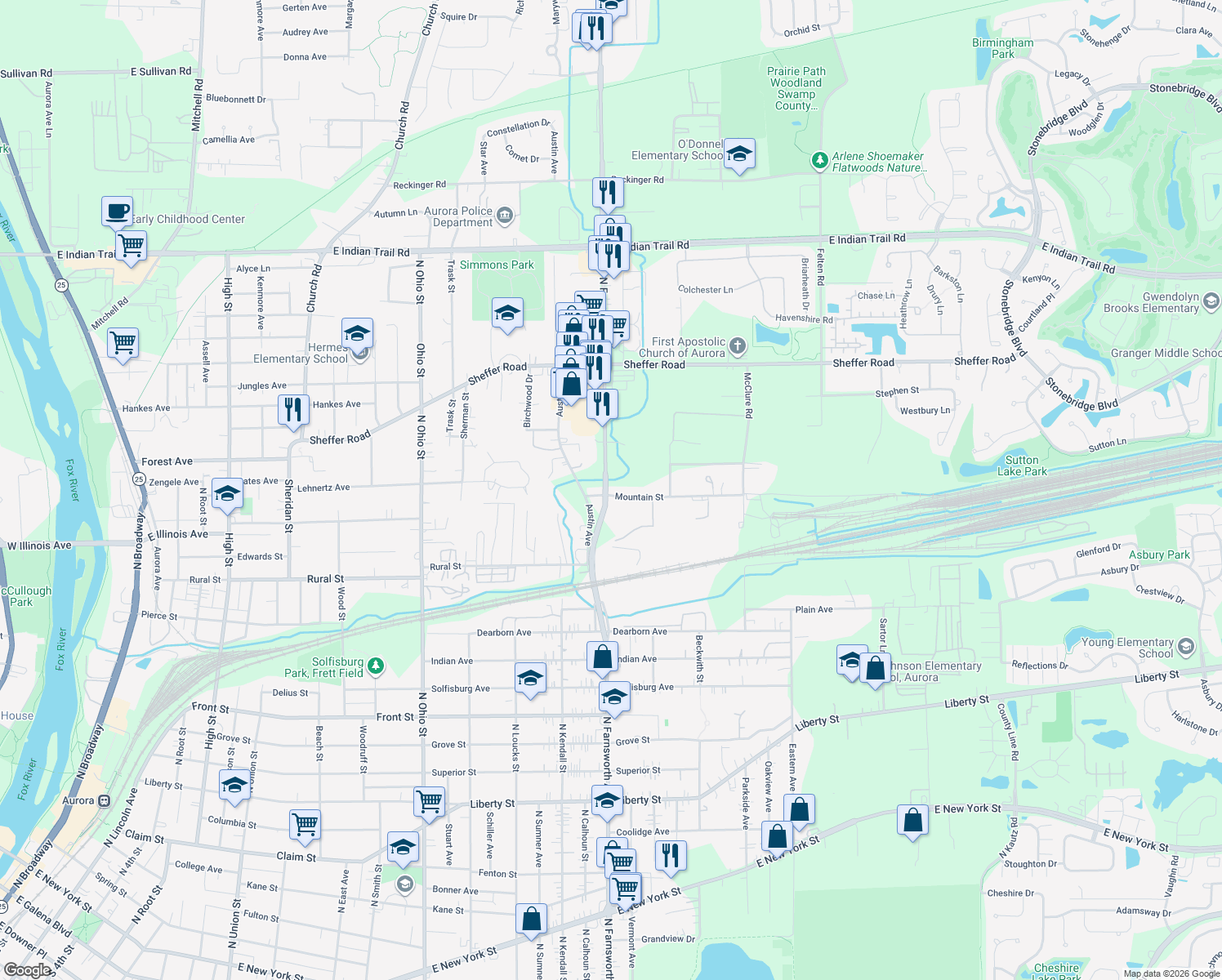map of restaurants, bars, coffee shops, grocery stores, and more near 735 North Farnsworth Avenue in Aurora