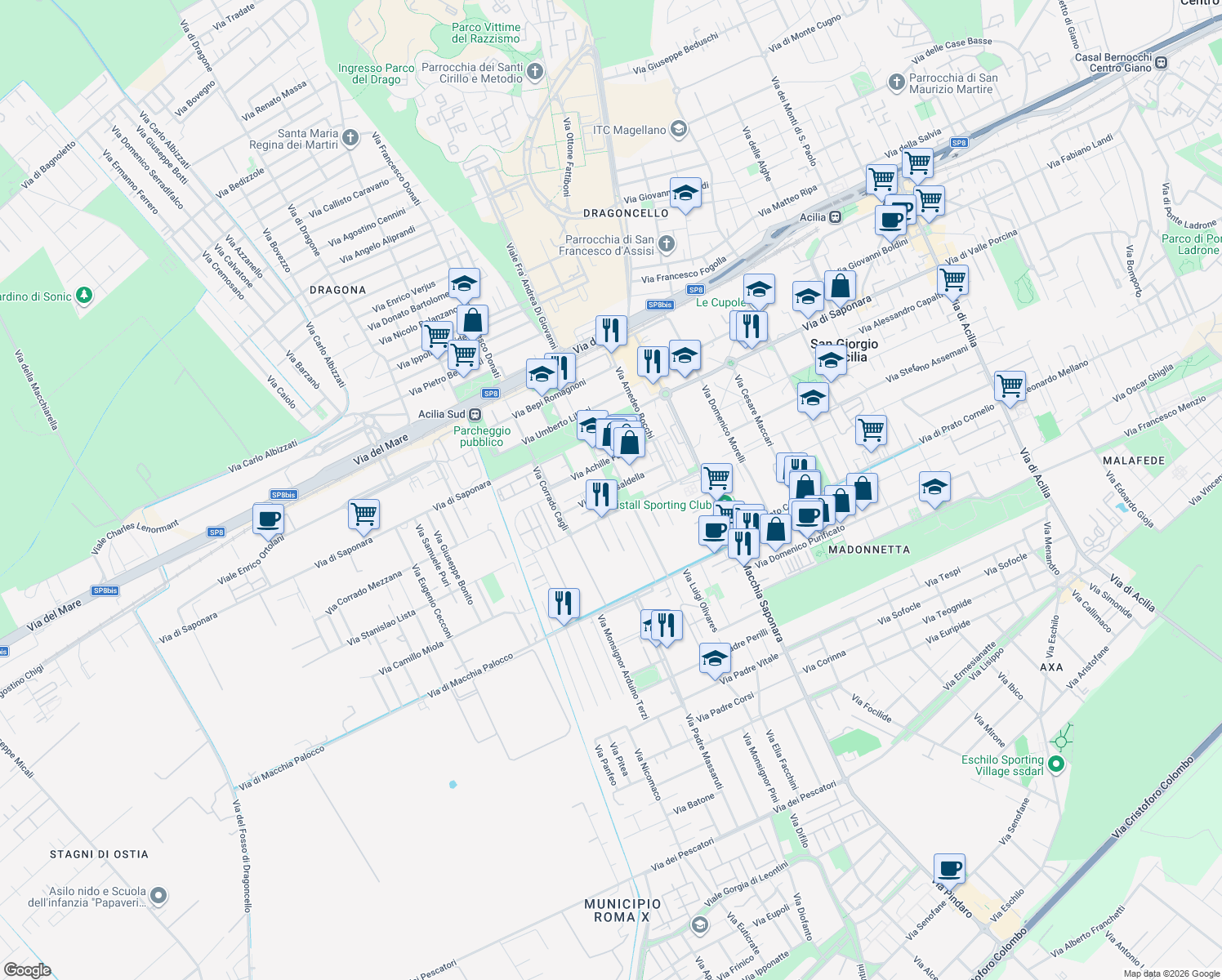 map of restaurants, bars, coffee shops, grocery stores, and more near in Città metropolitana di Roma Capitale