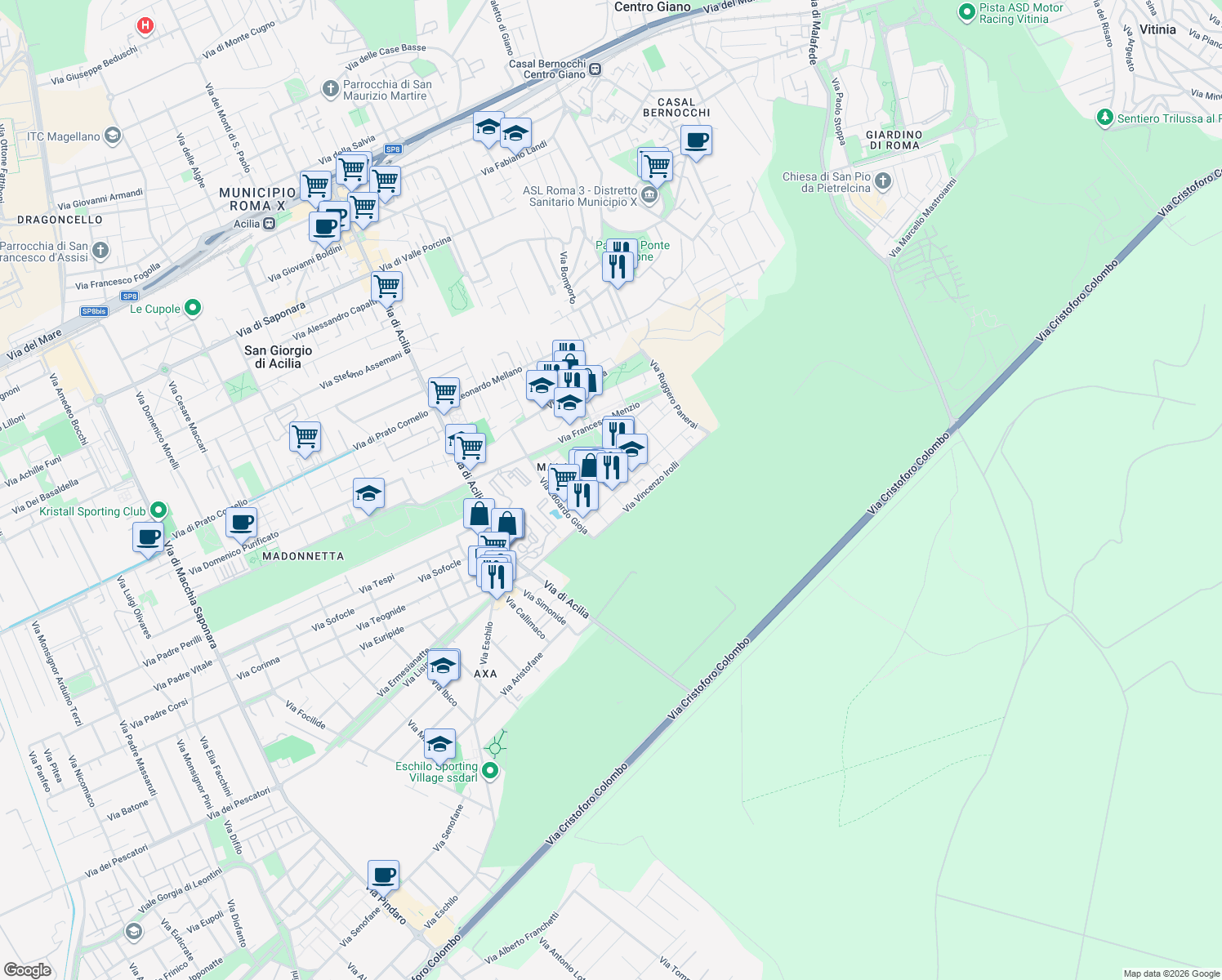 map of restaurants, bars, coffee shops, grocery stores, and more near 23 Piazza Giovanni Omiccioli in Città Metropolitana di Roma