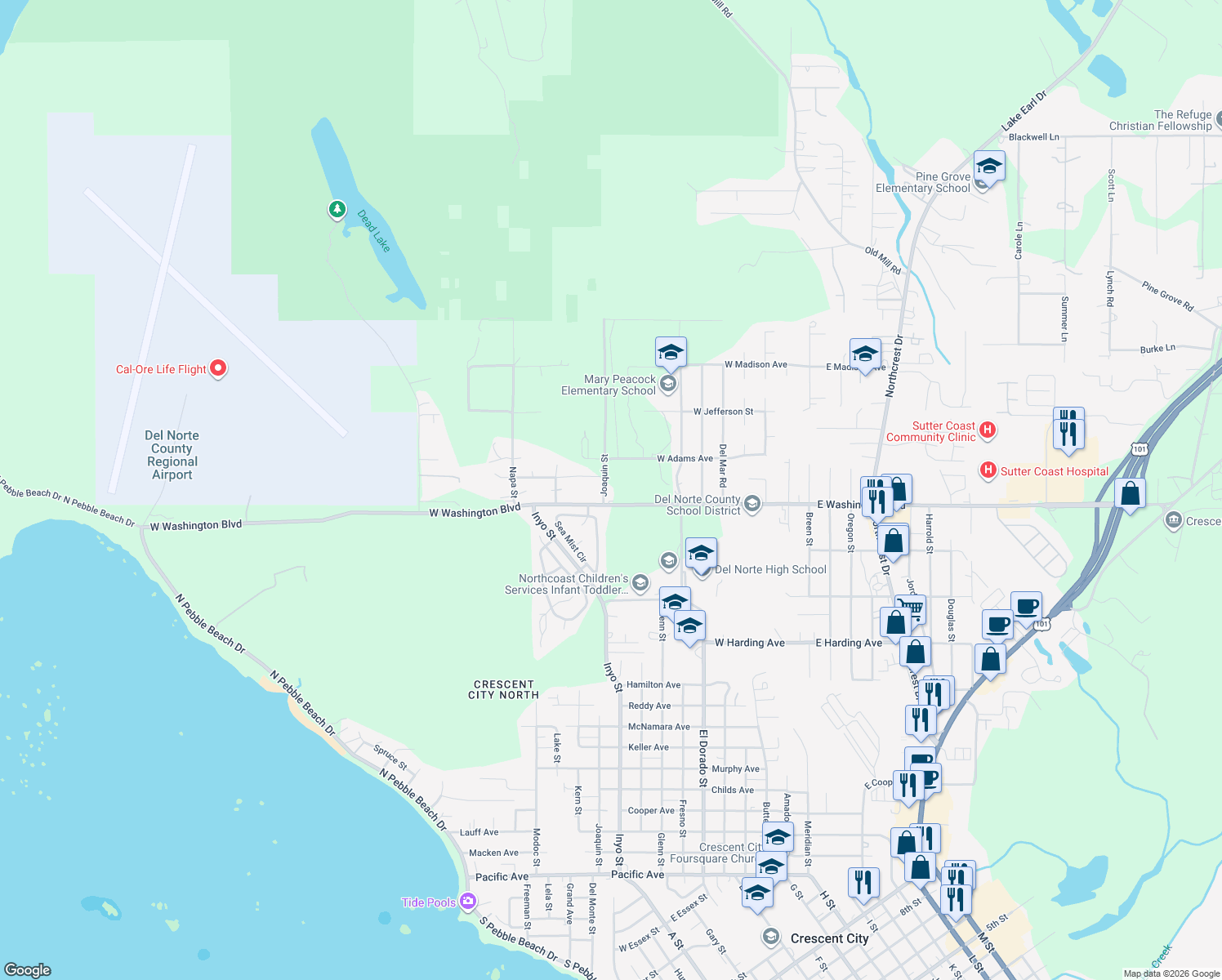 map of restaurants, bars, coffee shops, grocery stores, and more near 1536 Joaquin Street in Crescent City