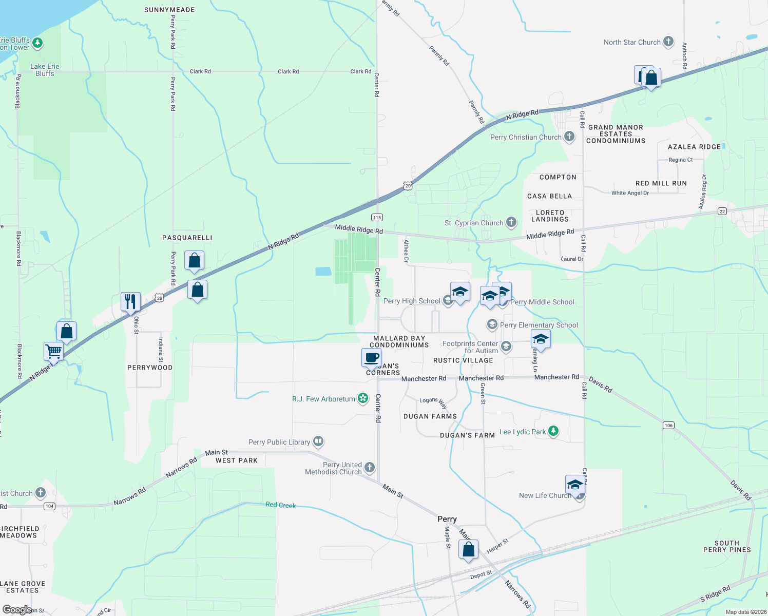 map of restaurants, bars, coffee shops, grocery stores, and more near 3621 Center Rd in Perry