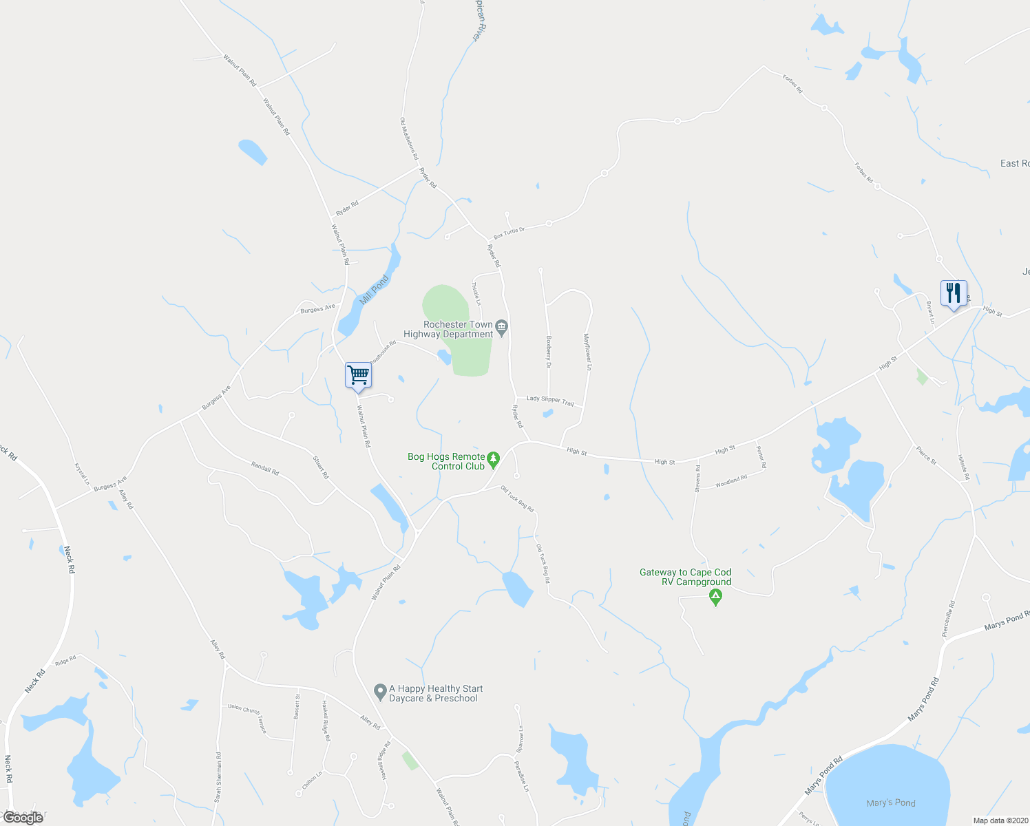 map of restaurants, bars, coffee shops, grocery stores, and more near 245 Ryder Road in Rochester