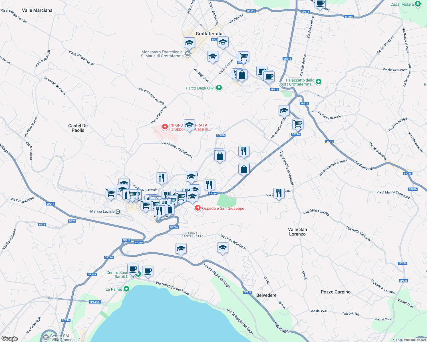 map of restaurants, bars, coffee shops, grocery stores, and more near 39 Via Aldo Gargano in Marino