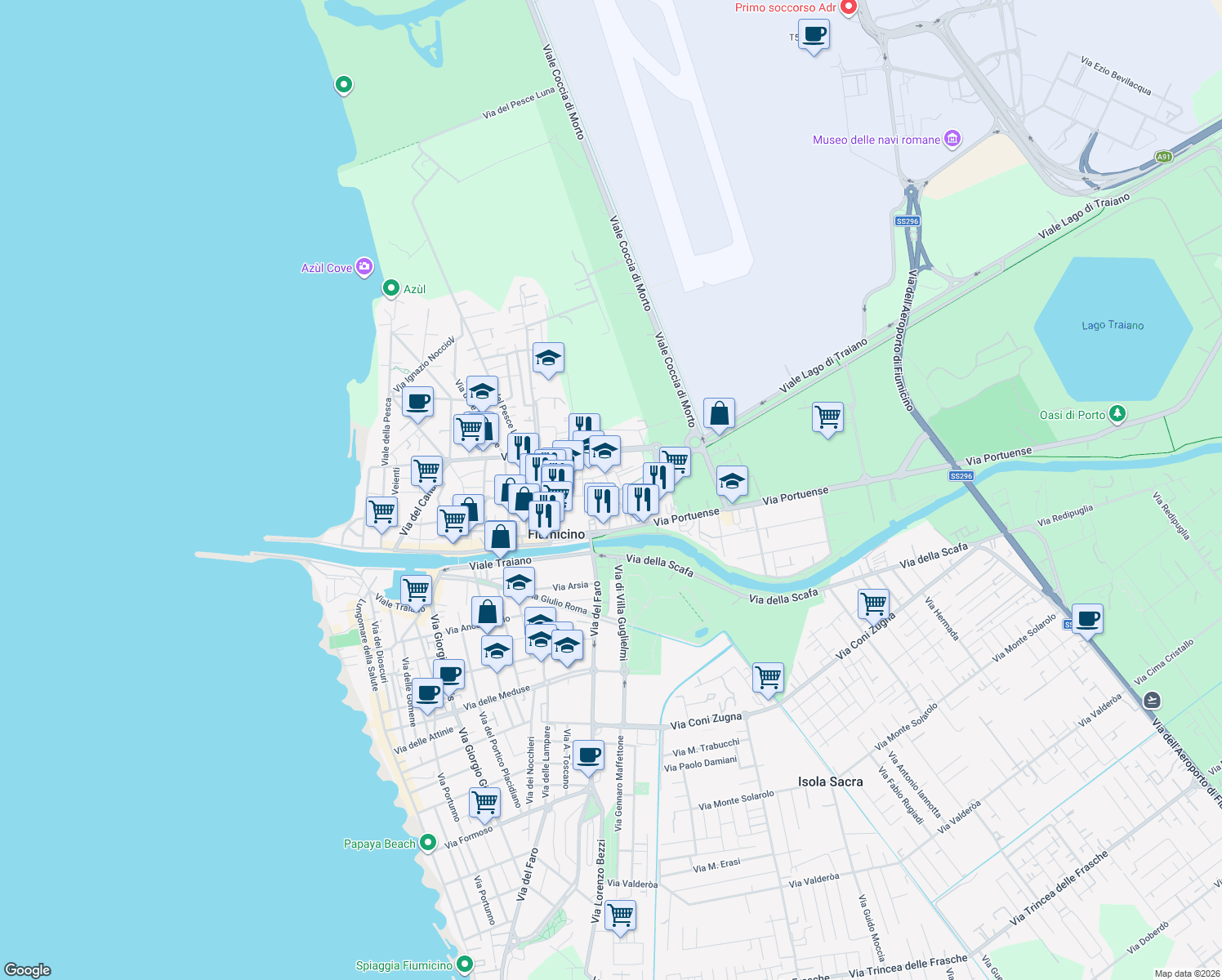 map of restaurants, bars, coffee shops, grocery stores, and more near Via Sandro Pertini in Fiumicino