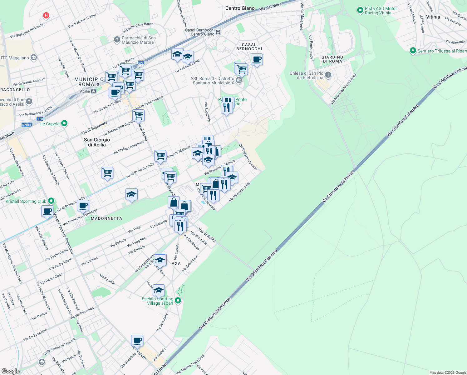 map of restaurants, bars, coffee shops, grocery stores, and more near 23 Piazza Giovanni Omiccioli in Acilia-Castel Fusano-Ostia Antica