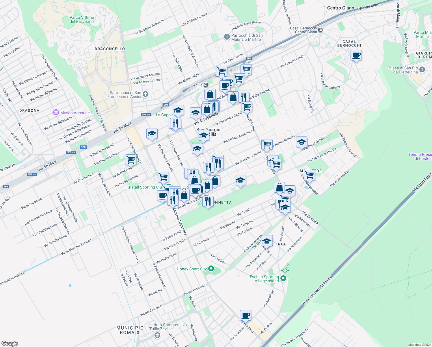 map of restaurants, bars, coffee shops, grocery stores, and more near 87 Via di Prato Cornelio in Acilia-Castel Fusano-Ostia Antica