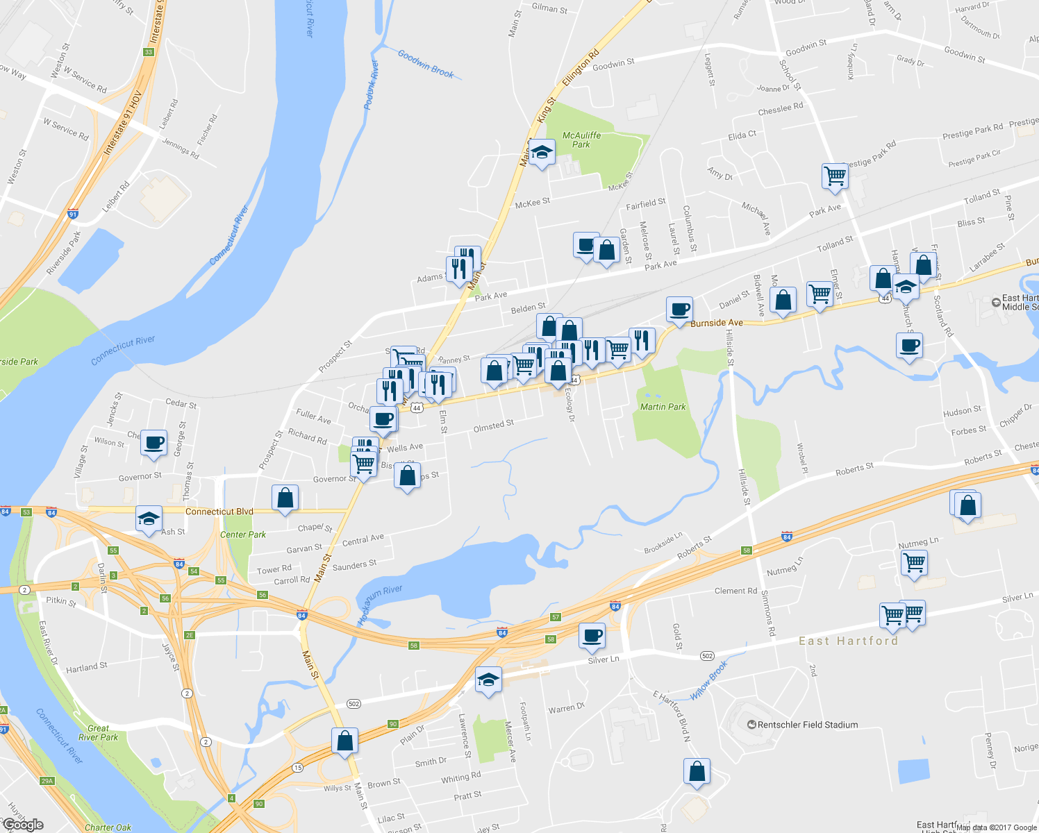 map of restaurants, bars, coffee shops, grocery stores, and more near 98 Olmsted Street in East Hartford